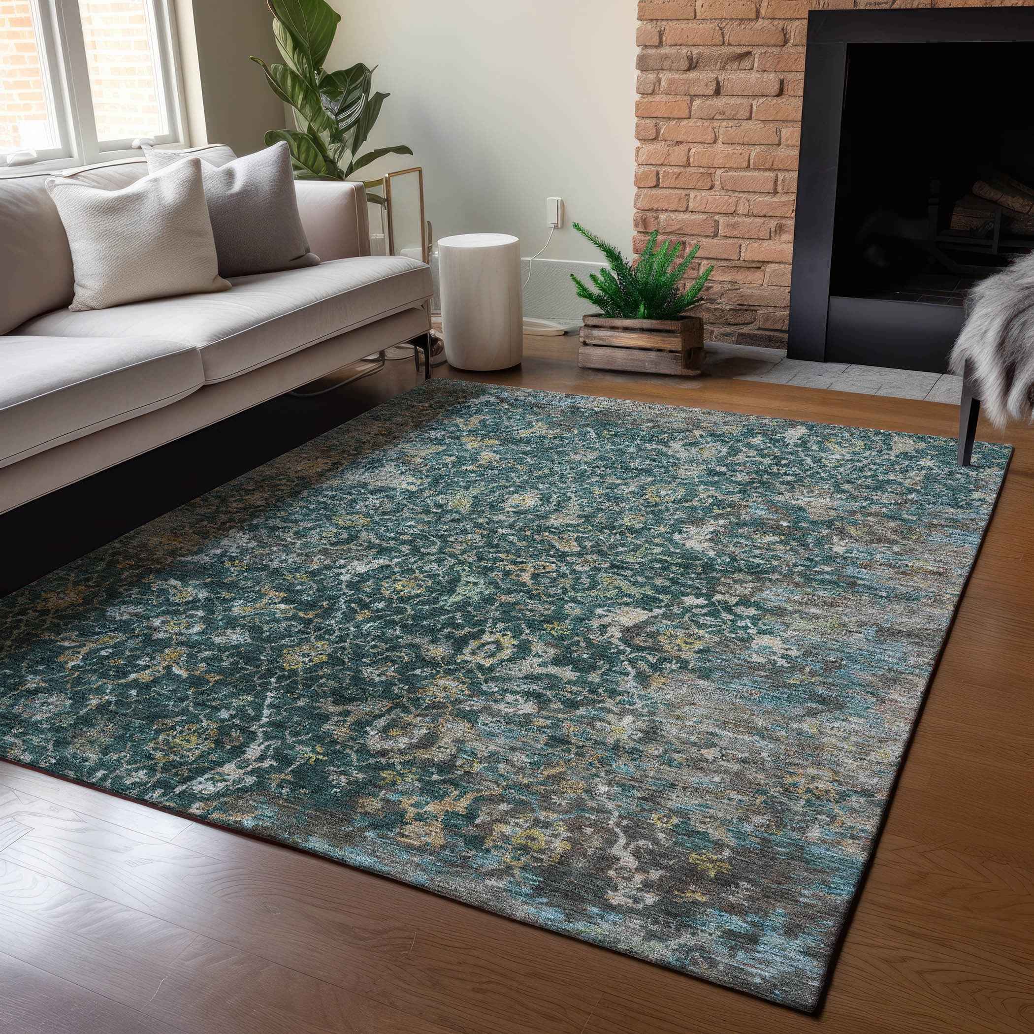 8' X 10' Teal Blue And Gray Damask Washable Indoor Outdoor Area Rug