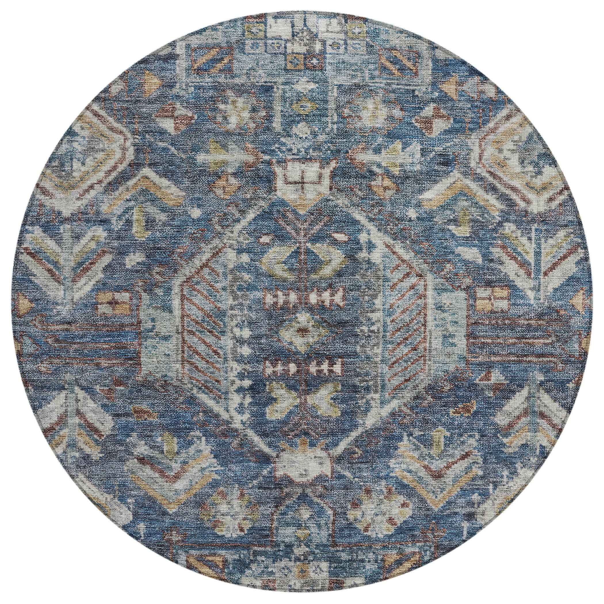 8' Navy Blue Ivory And Beige Round Medallion Washable Indoor Outdoor Area Rug