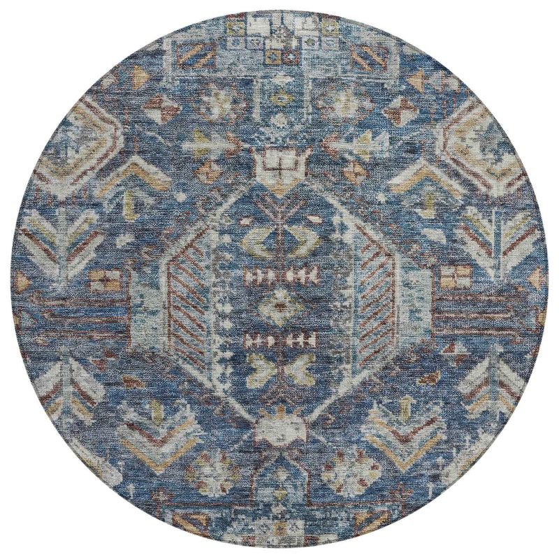 8' Navy Blue Ivory And Beige Round Medallion Washable Indoor Outdoor Area Rug