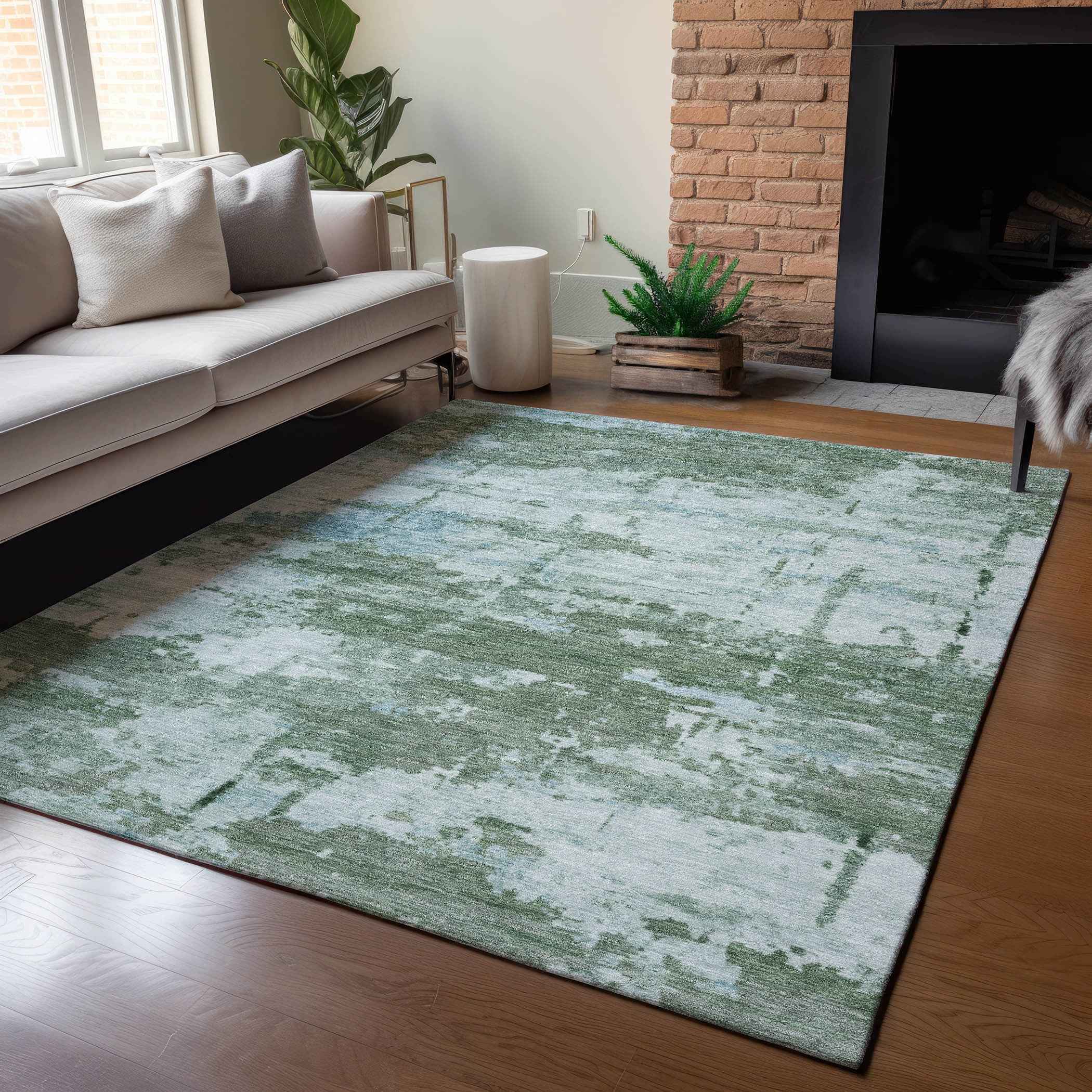 10' X 14' Artichoke Green And Ivory Abstract Washable Indoor Outdoor Area Rug