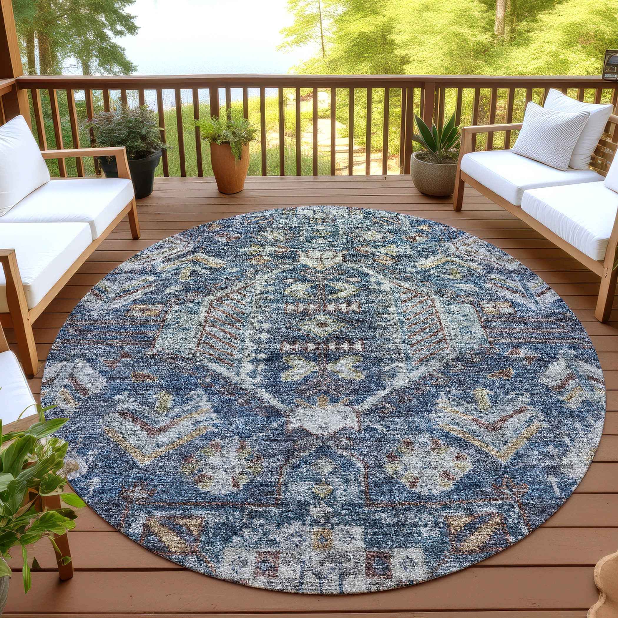 8' Navy Blue Ivory And Beige Round Medallion Washable Indoor Outdoor Area Rug