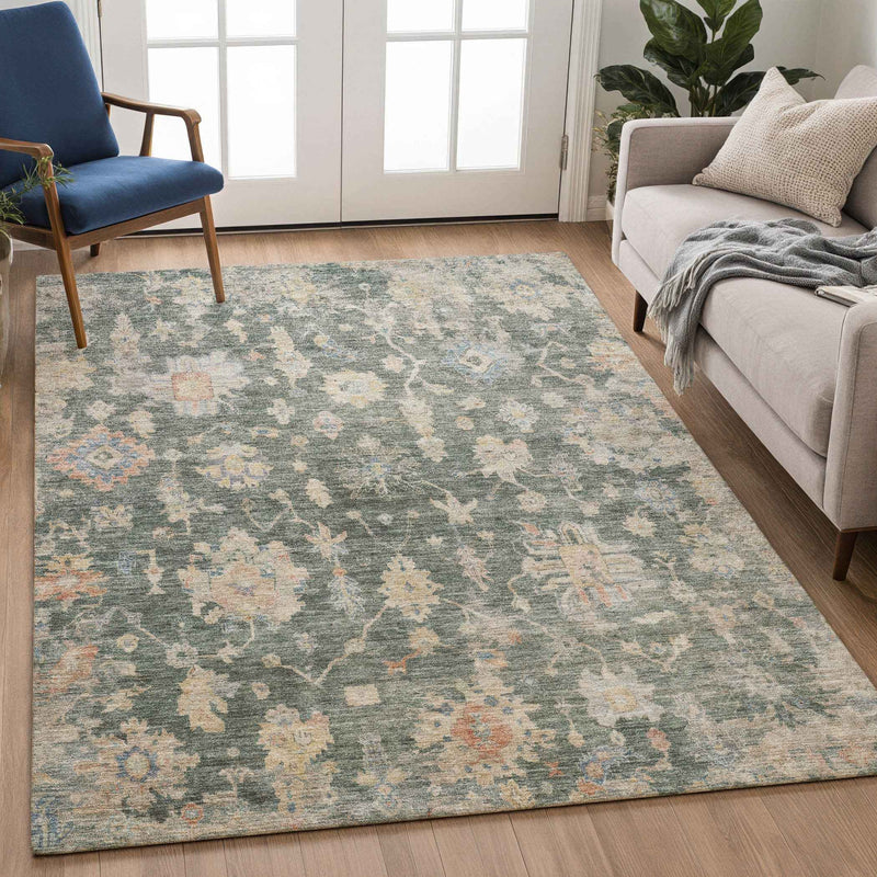 10' X 14' Artichoke Green Beige And Rust Floral Washable Indoor Outdoor Area Rug
