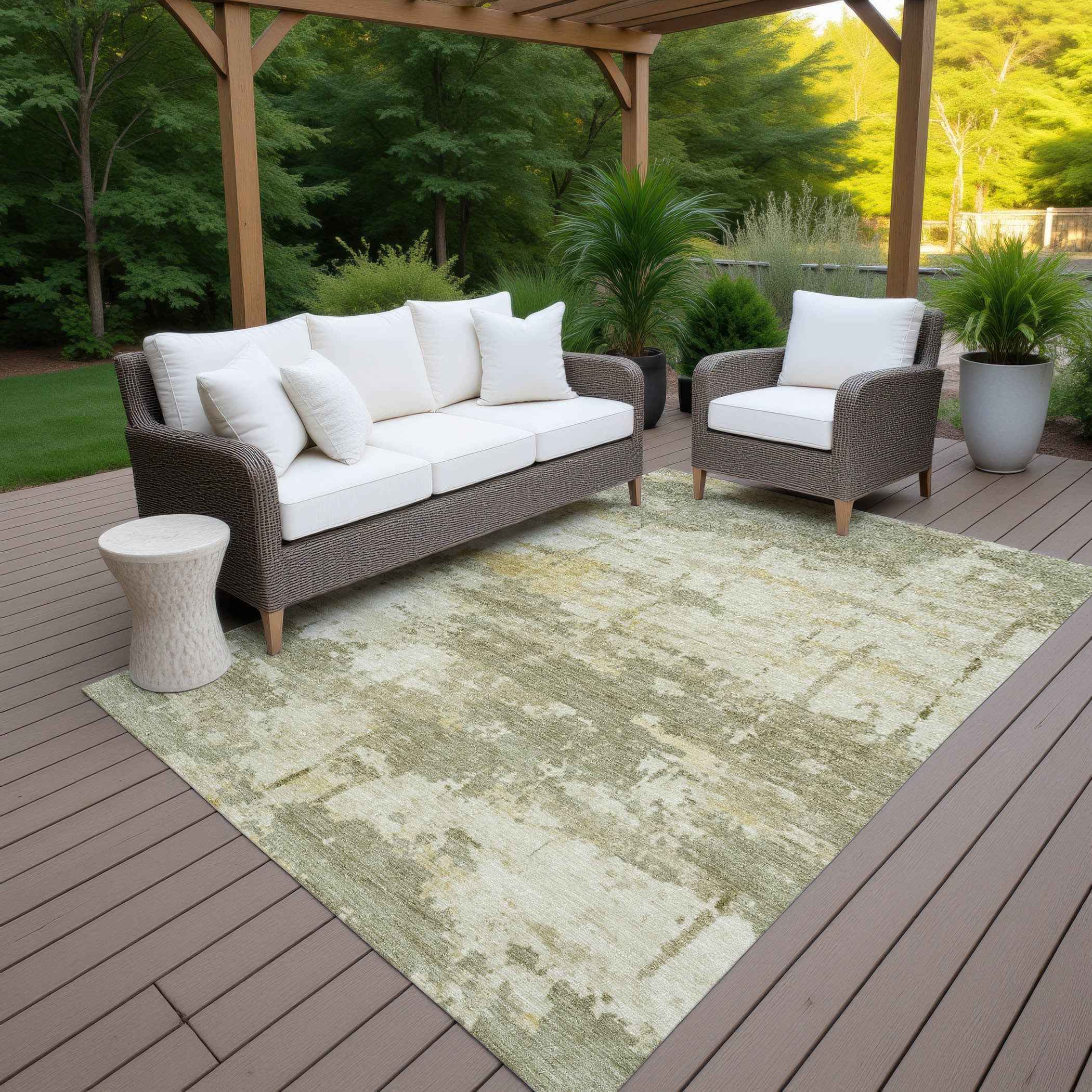 8' X 10' Sage Ivory And Gold Abstract Washable Indoor Outdoor Area Rug
