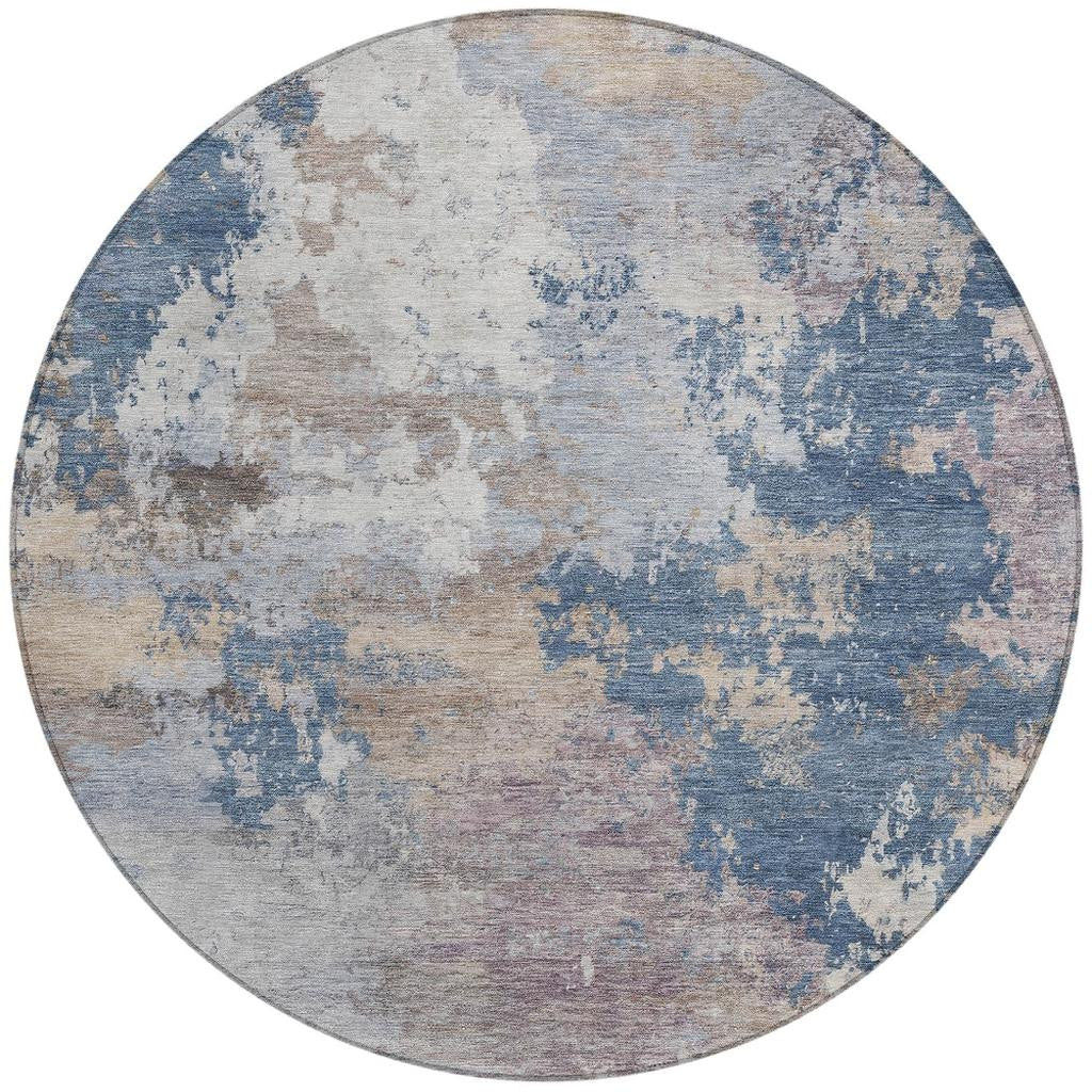 8' Blue And Beige Round Abstract Washable Indoor Outdoor Area Rug - Sports & Outdoor