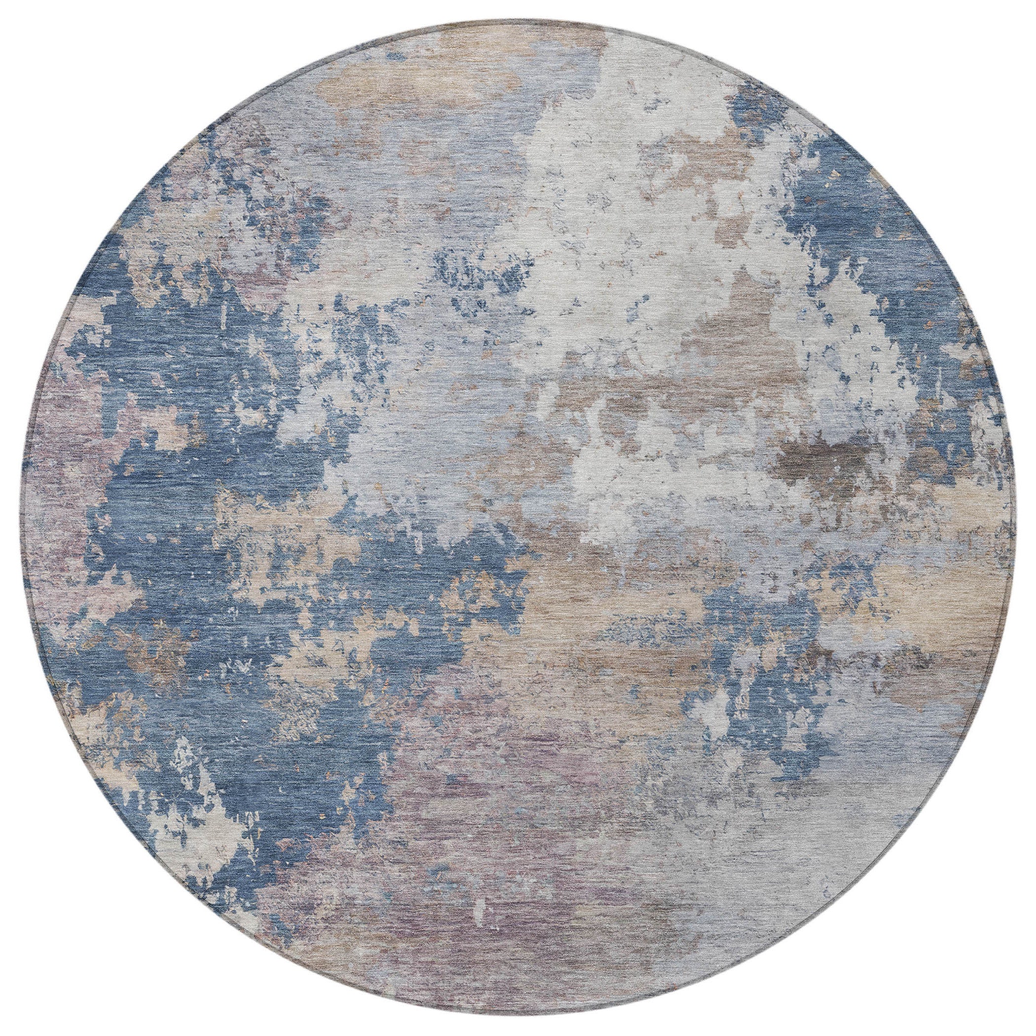 8' Blue And Beige Round Abstract Washable Indoor Outdoor Area Rug - Sports & Outdoor