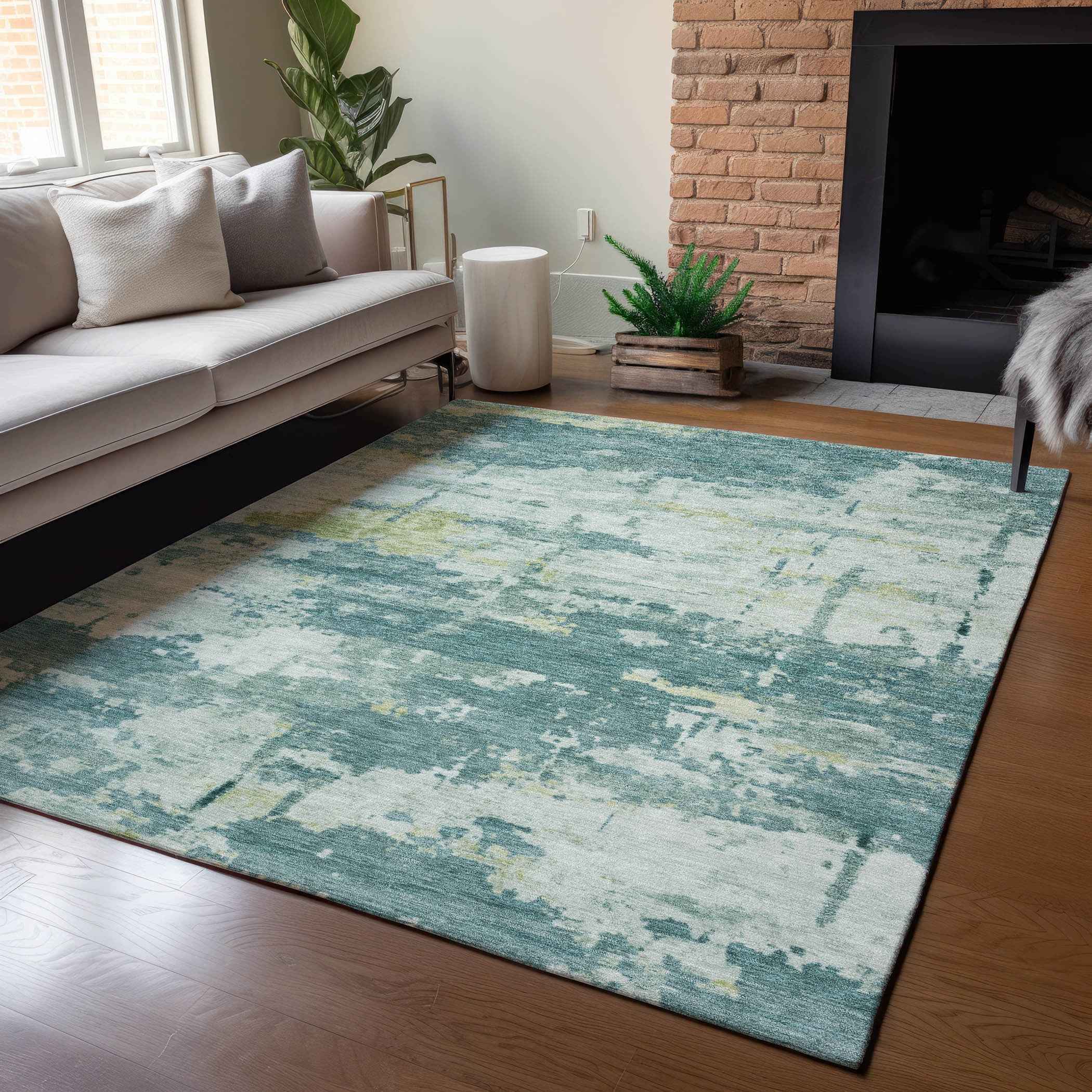 8' X 10' Teal Blue Ivory And Gold Abstract Washable Indoor Outdoor Area Rug