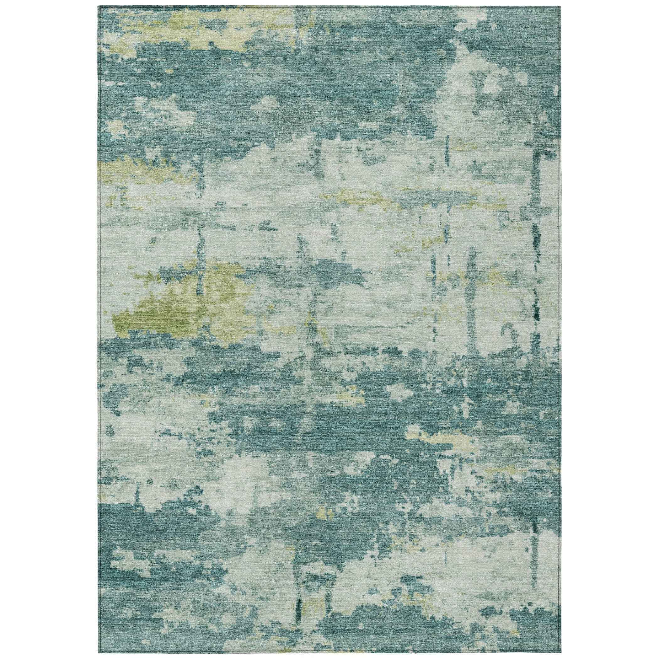 8' X 10' Teal Blue Ivory And Gold Abstract Washable Indoor Outdoor Area Rug