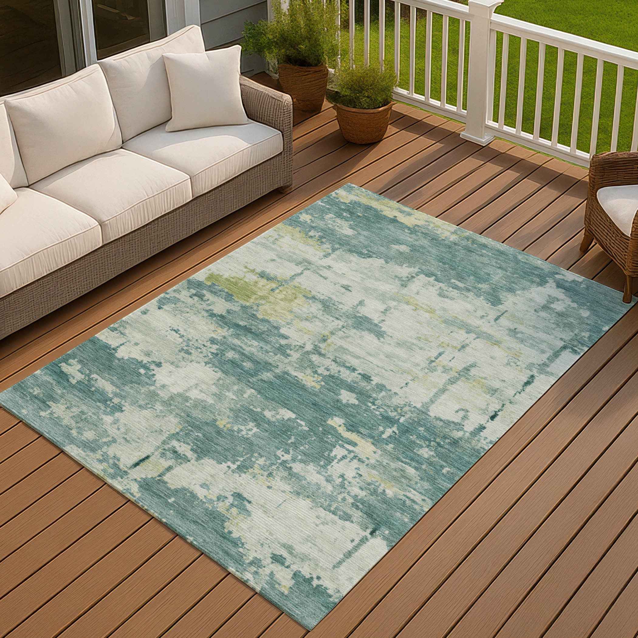 8' X 10' Teal Blue Ivory And Gold Abstract Washable Indoor Outdoor Area Rug