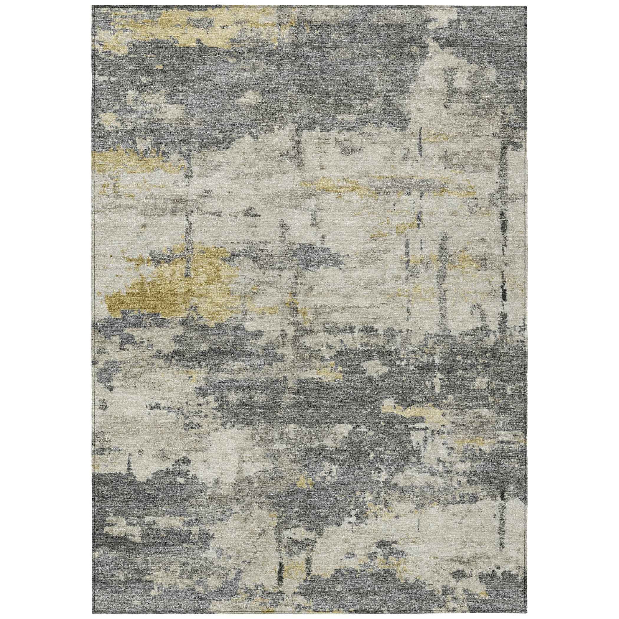3' X 5' Pewter Ivory And Gold Abstract Washable Indoor Outdoor Area Rug