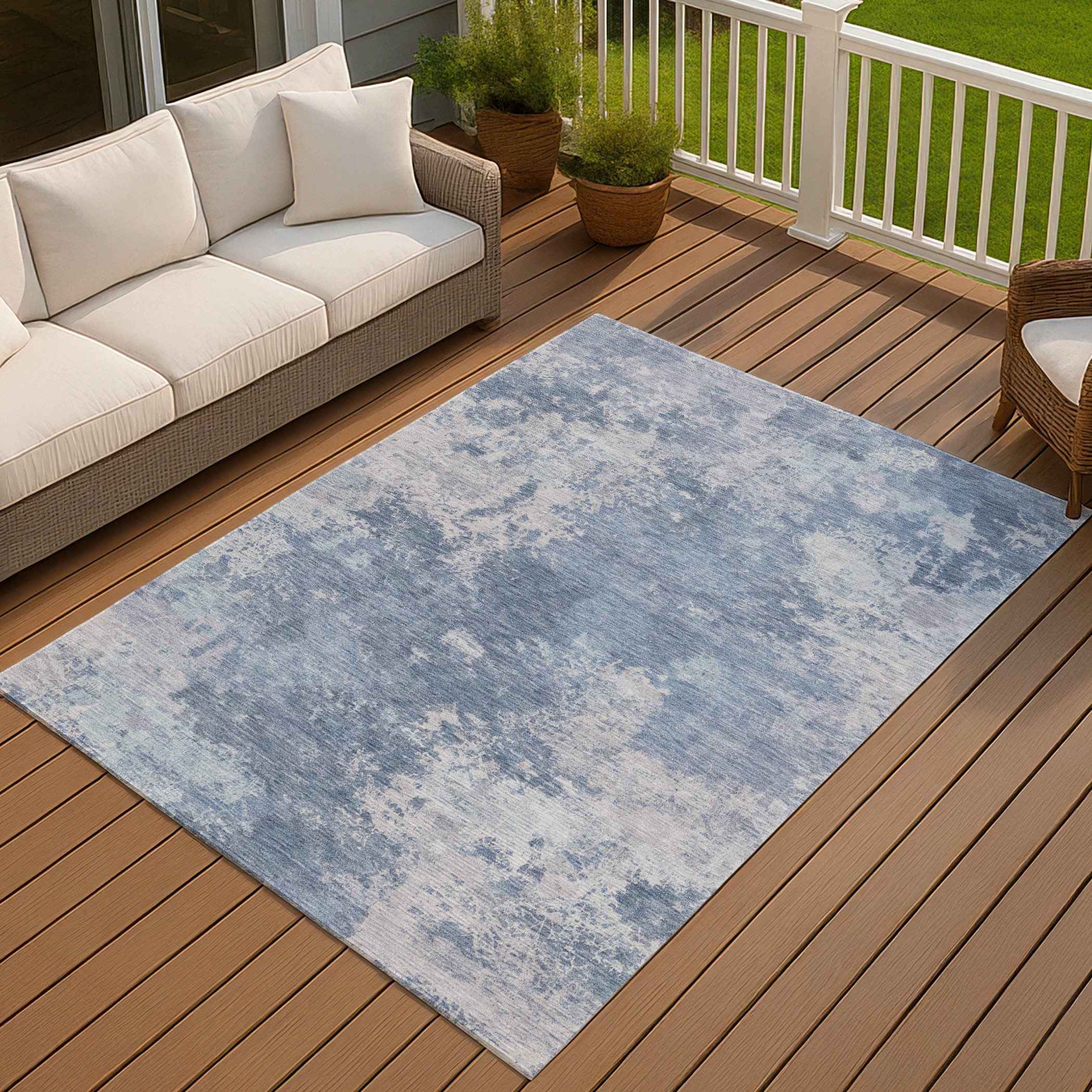 9' X 12' Blue And Ivory Abstract Washable Indoor Outdoor Area Rug