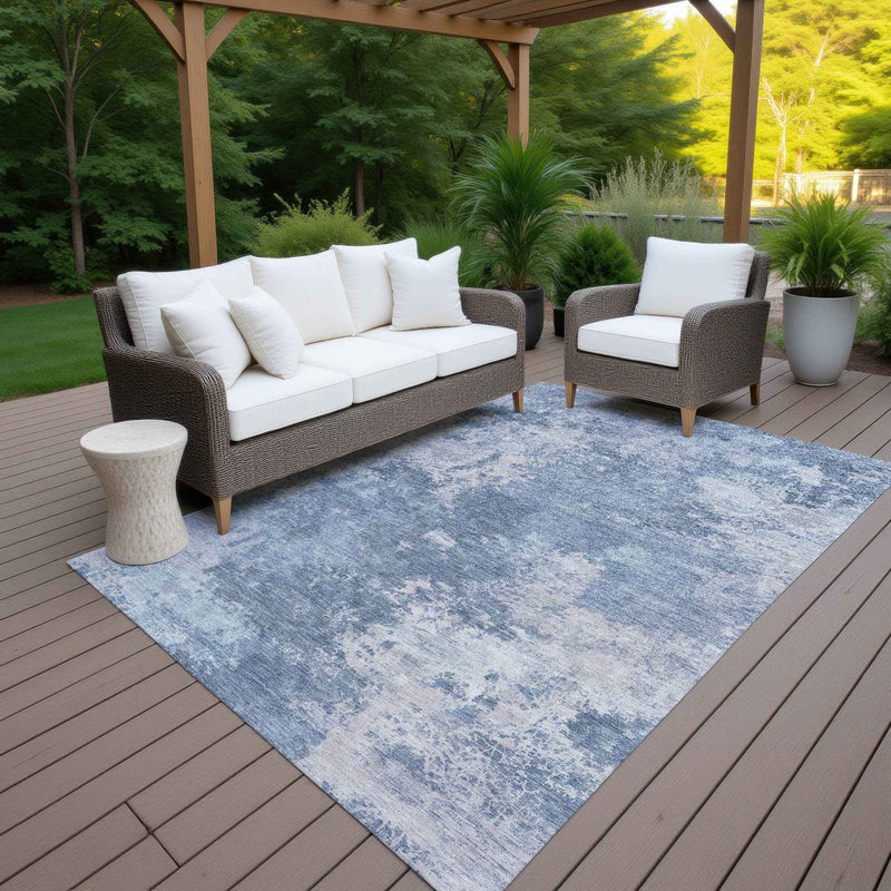 9' X 12' Blue And Ivory Abstract Washable Indoor Outdoor Area Rug