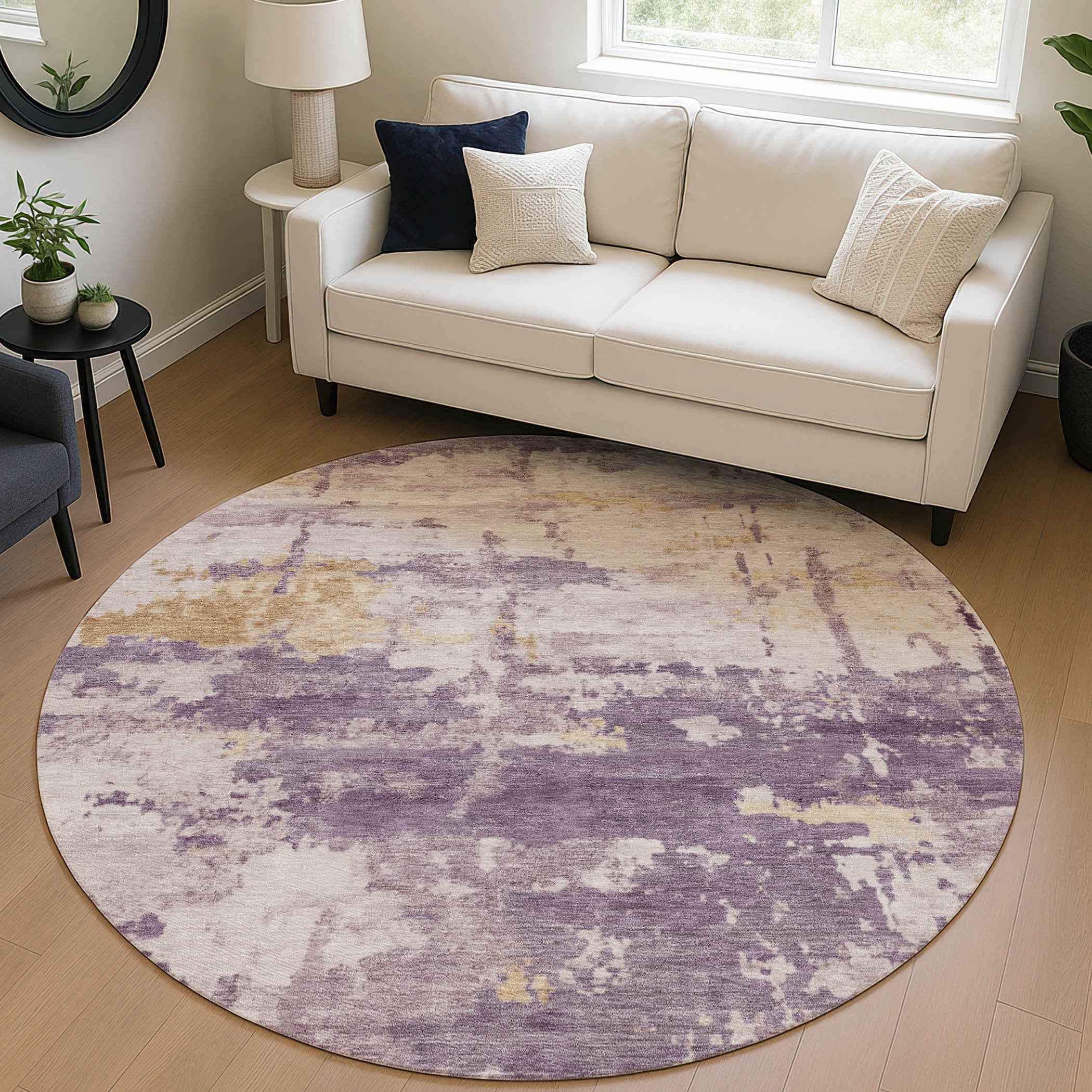 8' Plum Ivory And Gold Round Abstract Washable Indoor Outdoor Area Rug