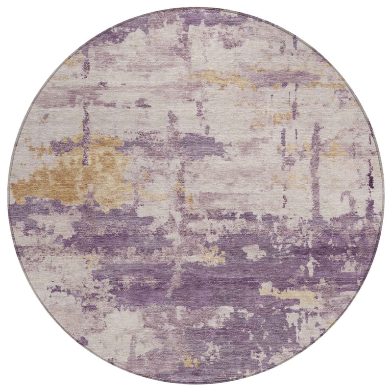 8' Plum Ivory And Gold Round Abstract Washable Indoor Outdoor Area Rug