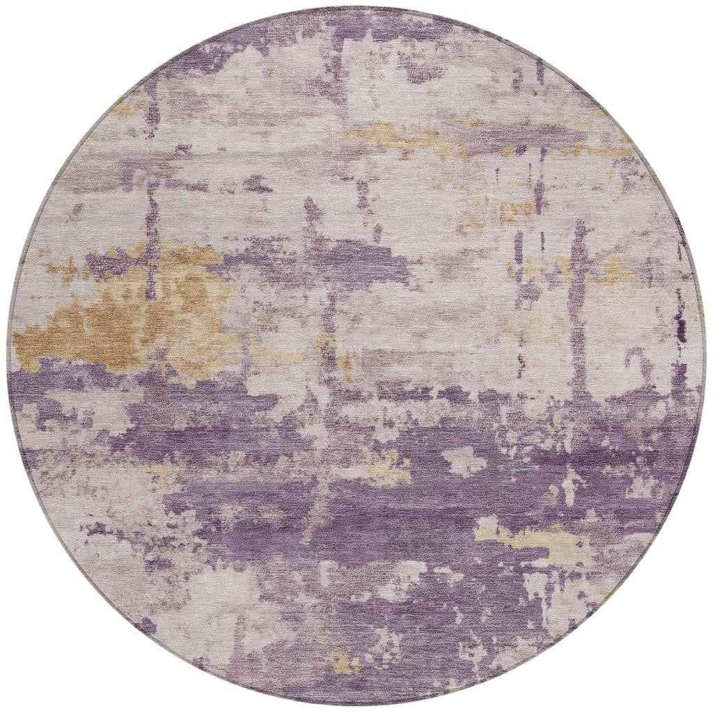 8' Plum Ivory And Gold Round Abstract Washable Indoor Outdoor Area Rug