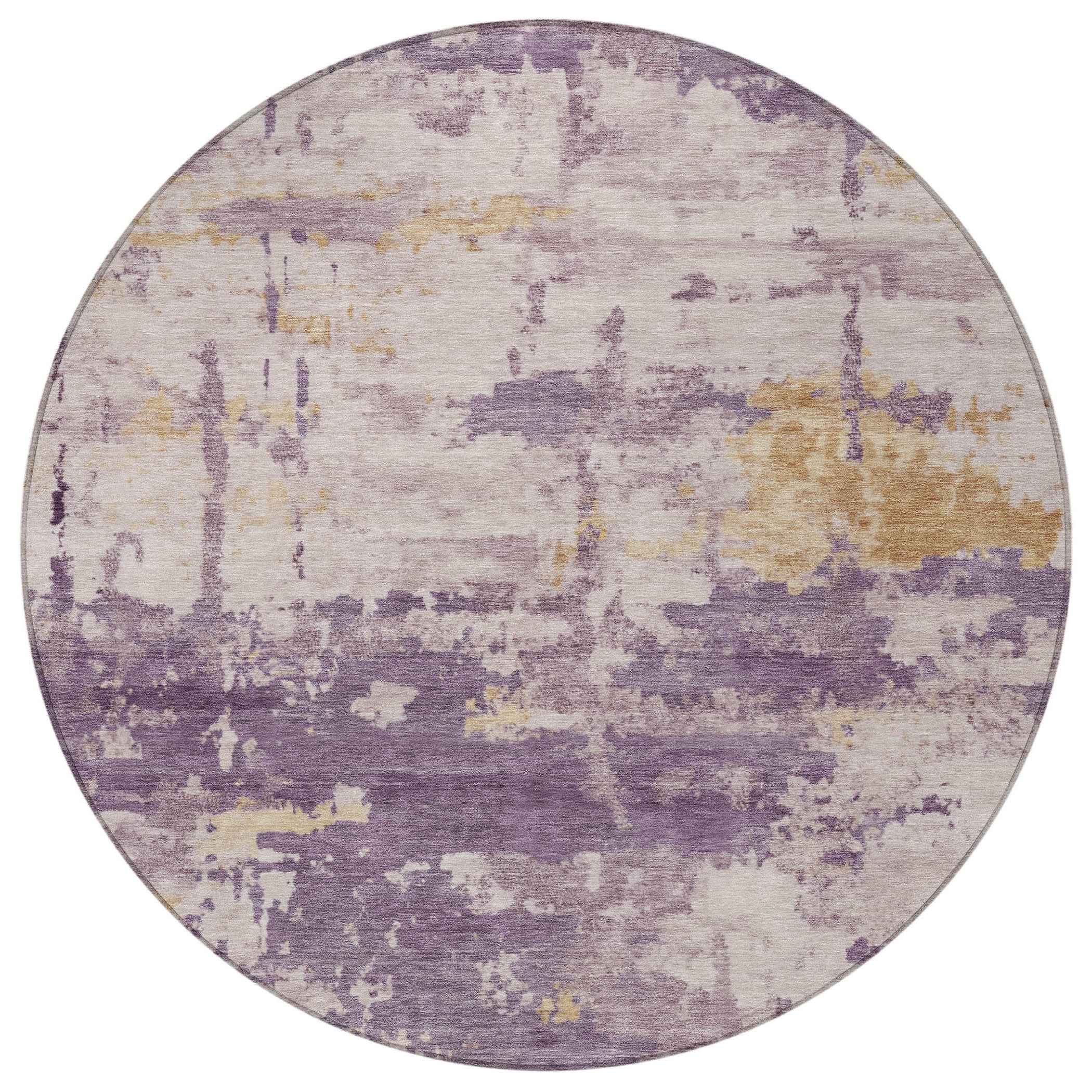 8' Plum Ivory And Gold Round Abstract Washable Indoor Outdoor Area Rug