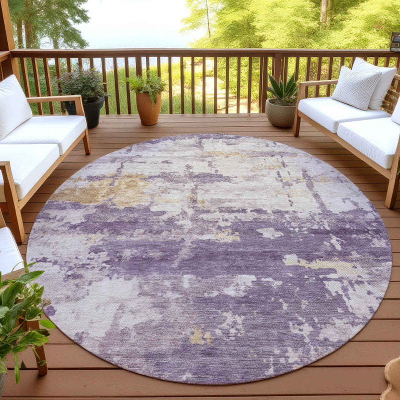 8' Plum Ivory And Gold Round Abstract Washable Indoor Outdoor Area Rug