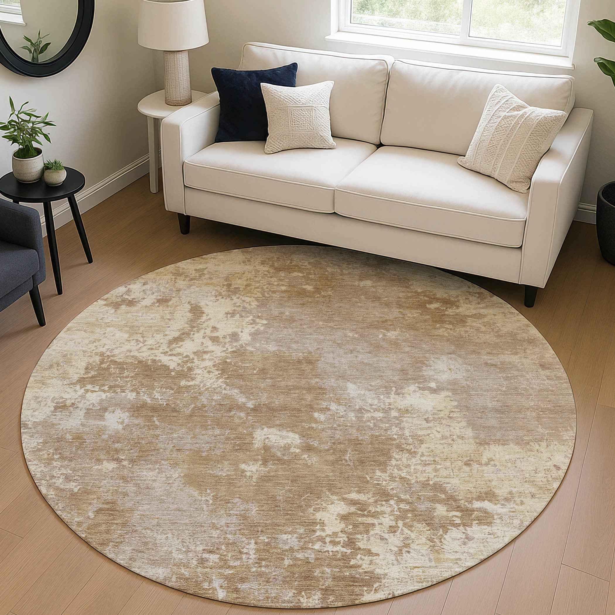 8' Brown And Beige Round Abstract Washable Indoor Outdoor Area Rug