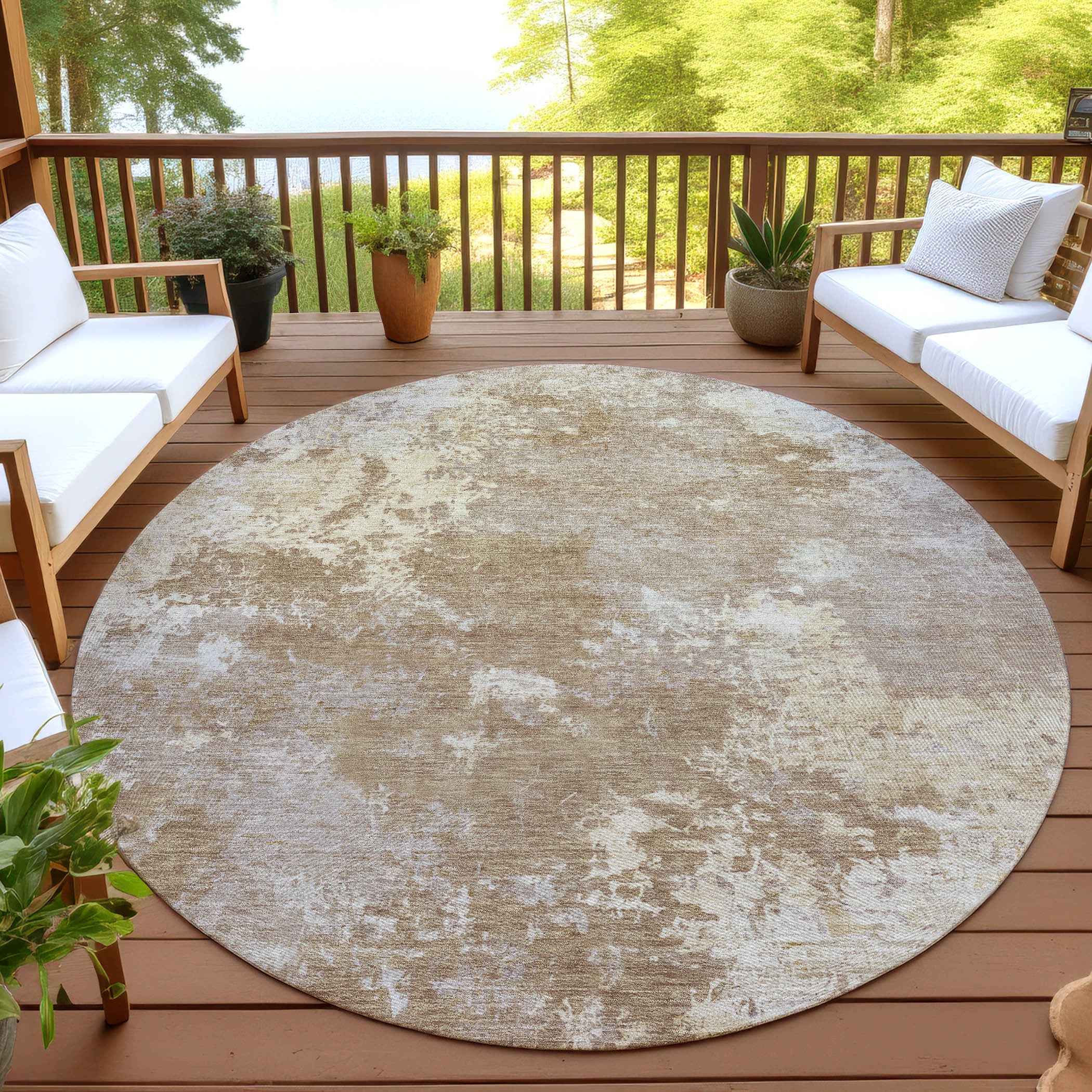 8' Brown And Beige Round Abstract Washable Indoor Outdoor Area Rug