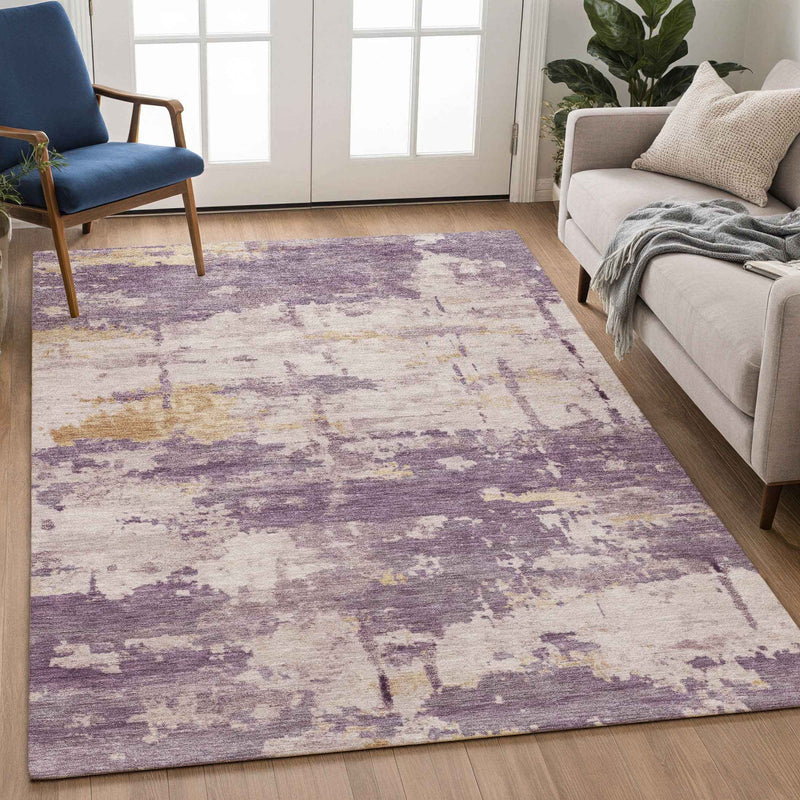 8' X 10' Plum Ivory And Gold Abstract Washable Indoor Outdoor Area Rug