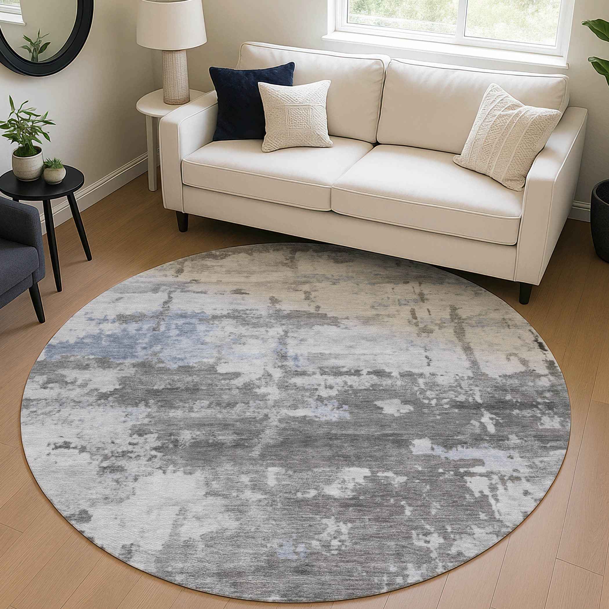 8' Taupe And Ivory Round Abstract Washable Indoor Outdoor Area Rug