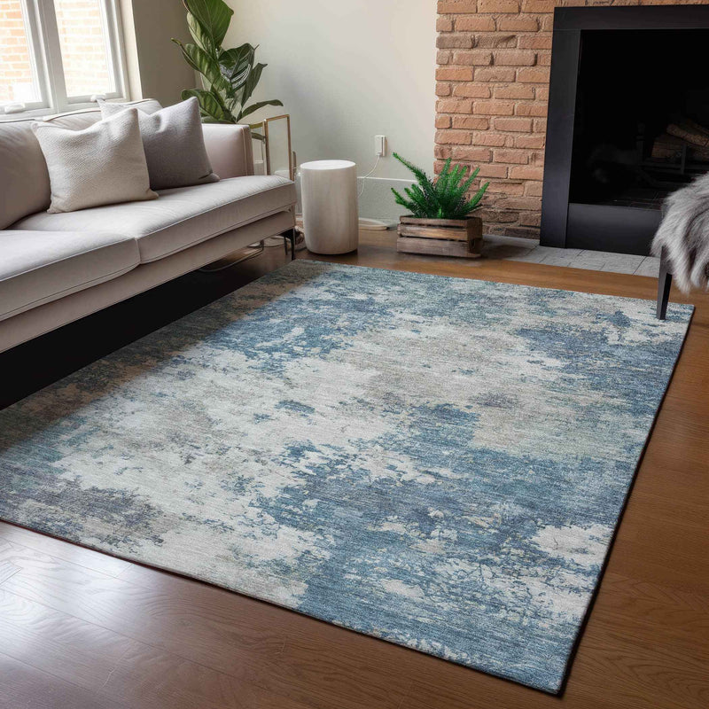 8' X 10' Denim Blue And Gray Abstract Washable Indoor Outdoor Area Rug