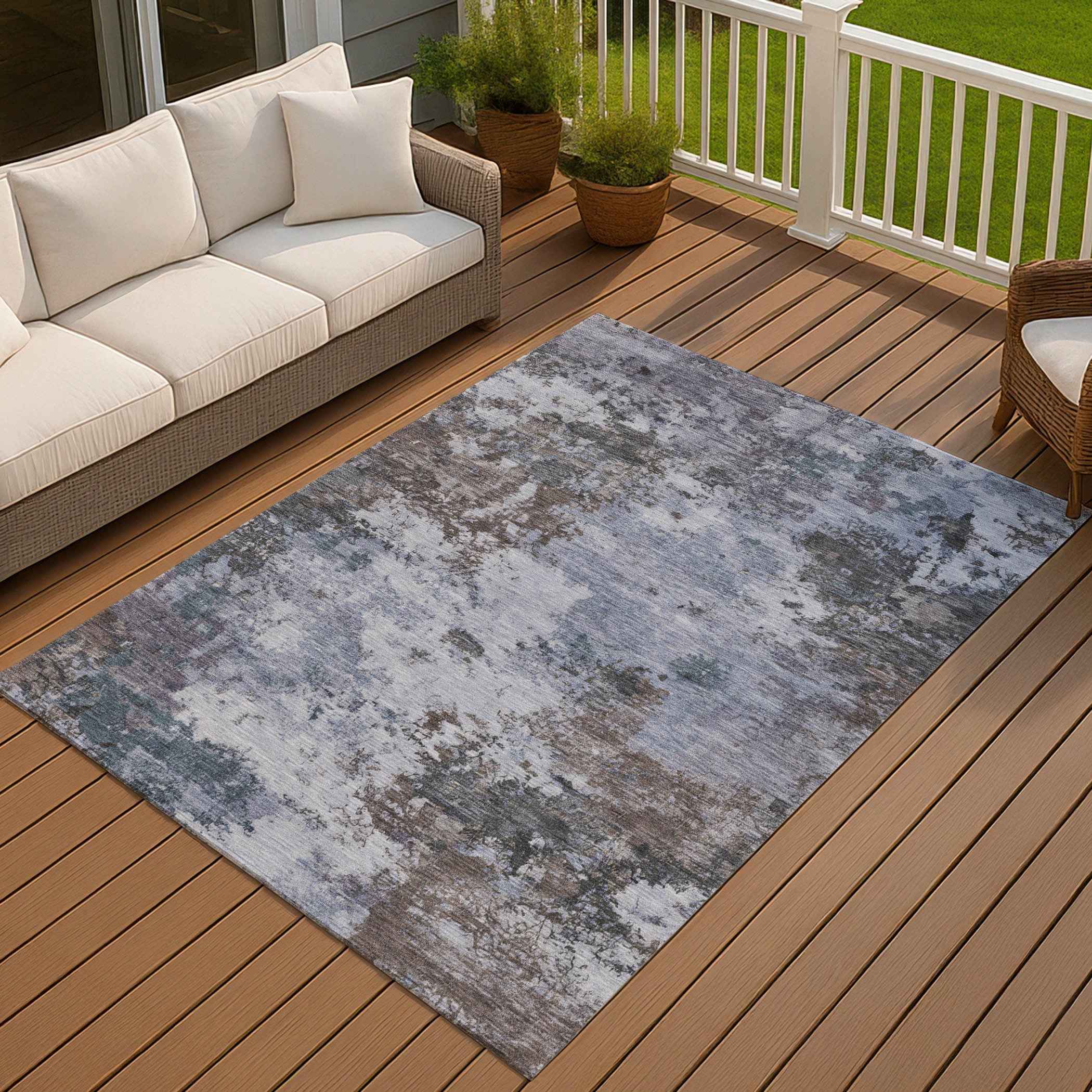 9' X 12' Blue And Gray Abstract Washable Indoor Outdoor Area Rug