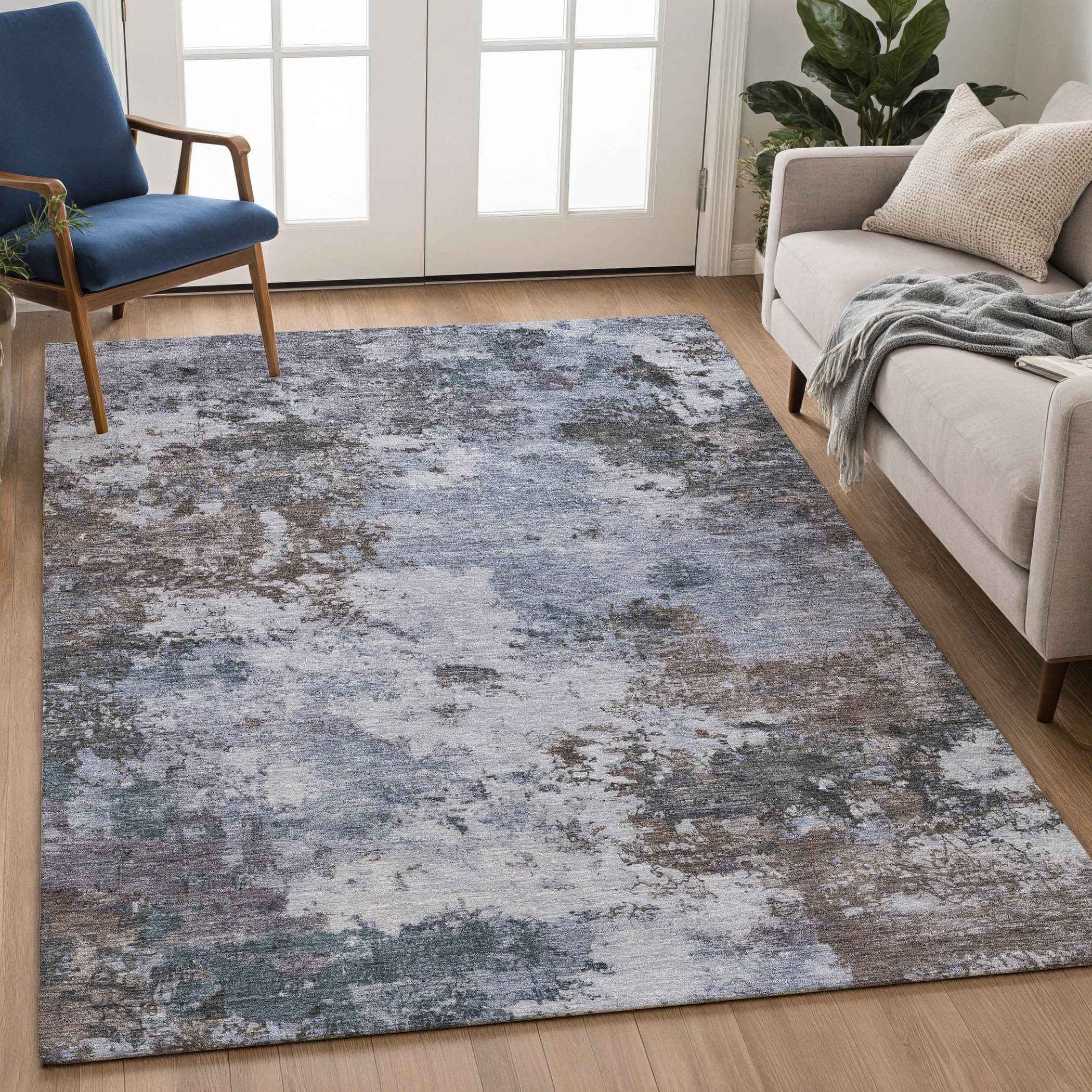 9' X 12' Blue And Gray Abstract Washable Indoor Outdoor Area Rug