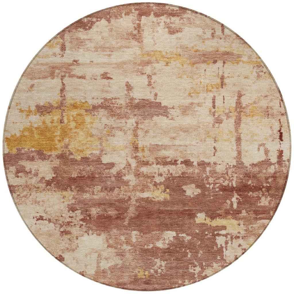 8' Rust And Beige Round Abstract Washable Indoor Outdoor Area Rug