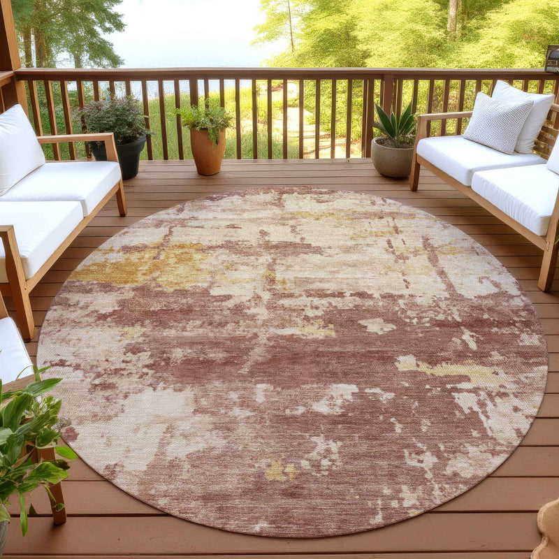 8' Rust And Beige Round Abstract Washable Indoor Outdoor Area Rug
