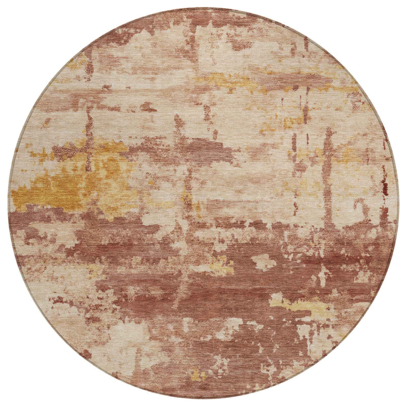 8' Rust And Beige Round Abstract Washable Indoor Outdoor Area Rug