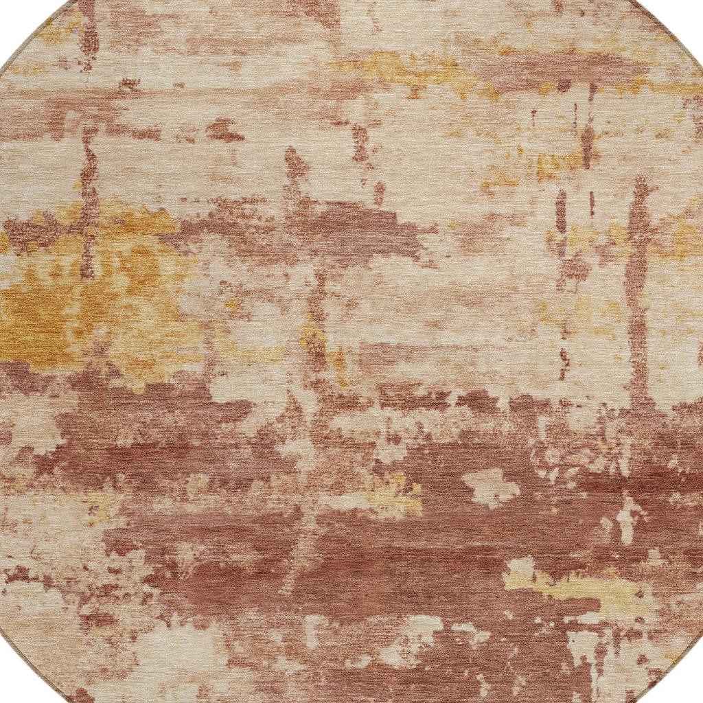 8' Rust And Beige Round Abstract Washable Indoor Outdoor Area Rug