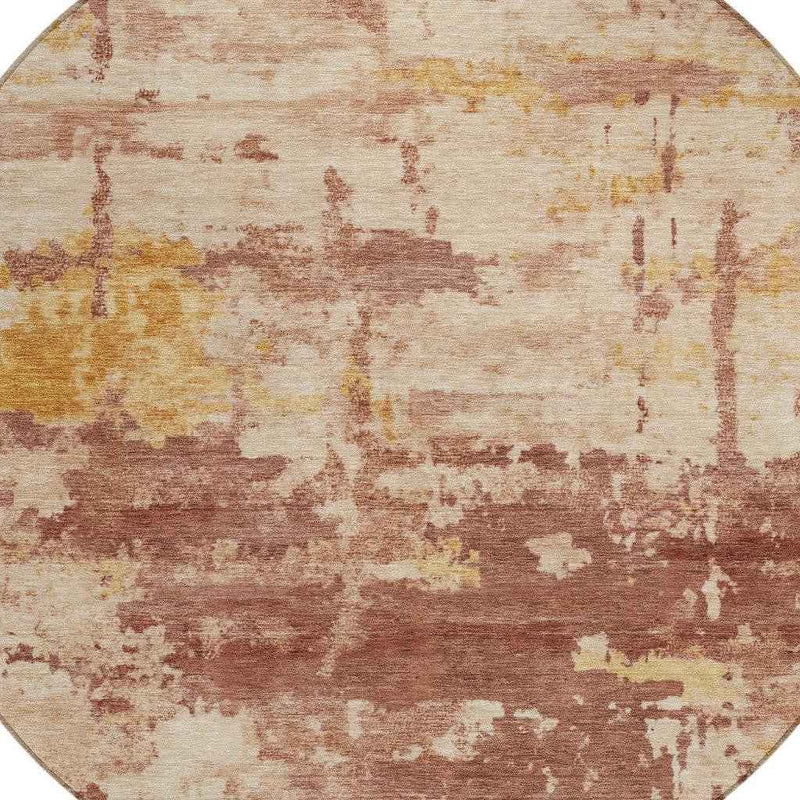 8' Rust And Beige Round Abstract Washable Indoor Outdoor Area Rug
