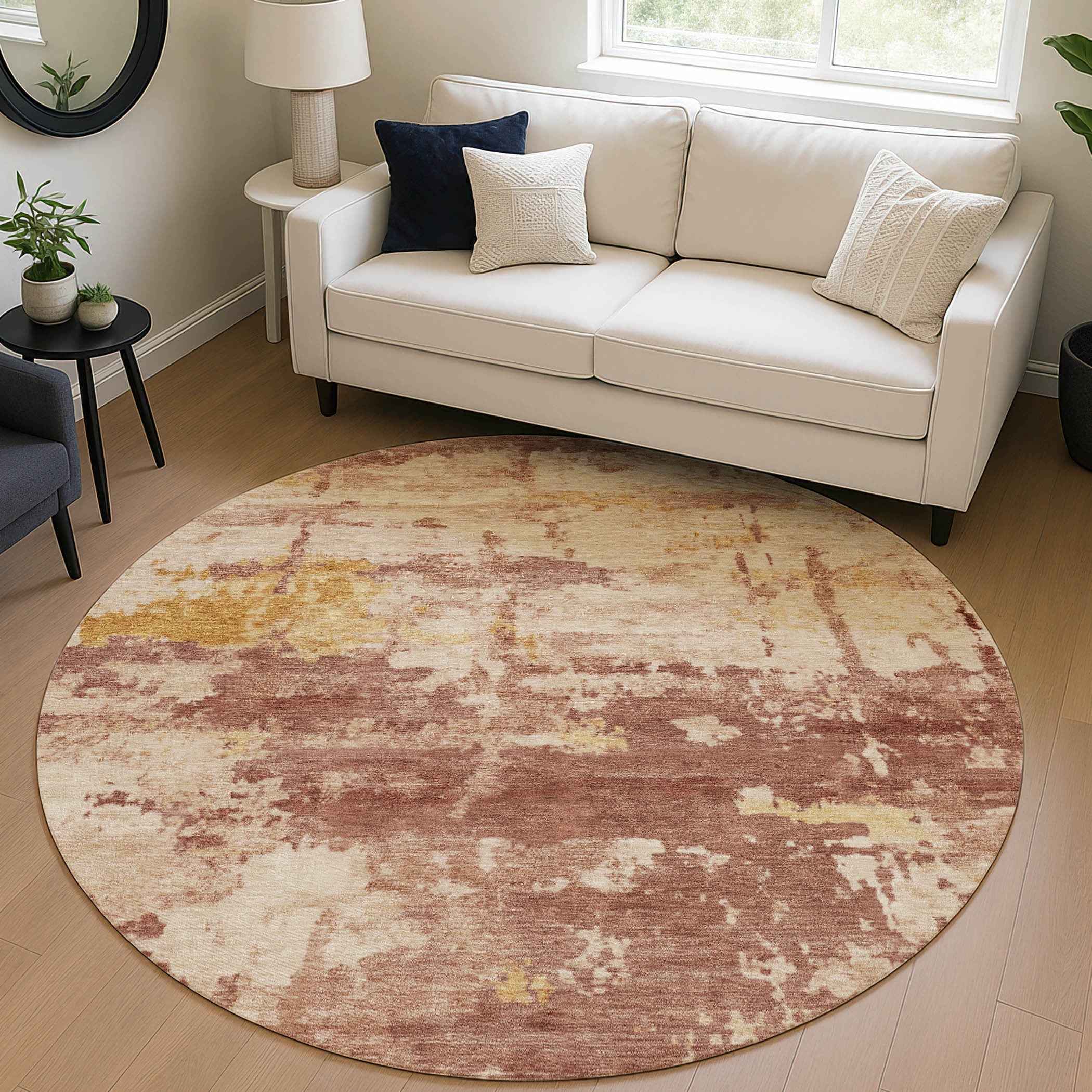 8' Rust And Beige Round Abstract Washable Indoor Outdoor Area Rug