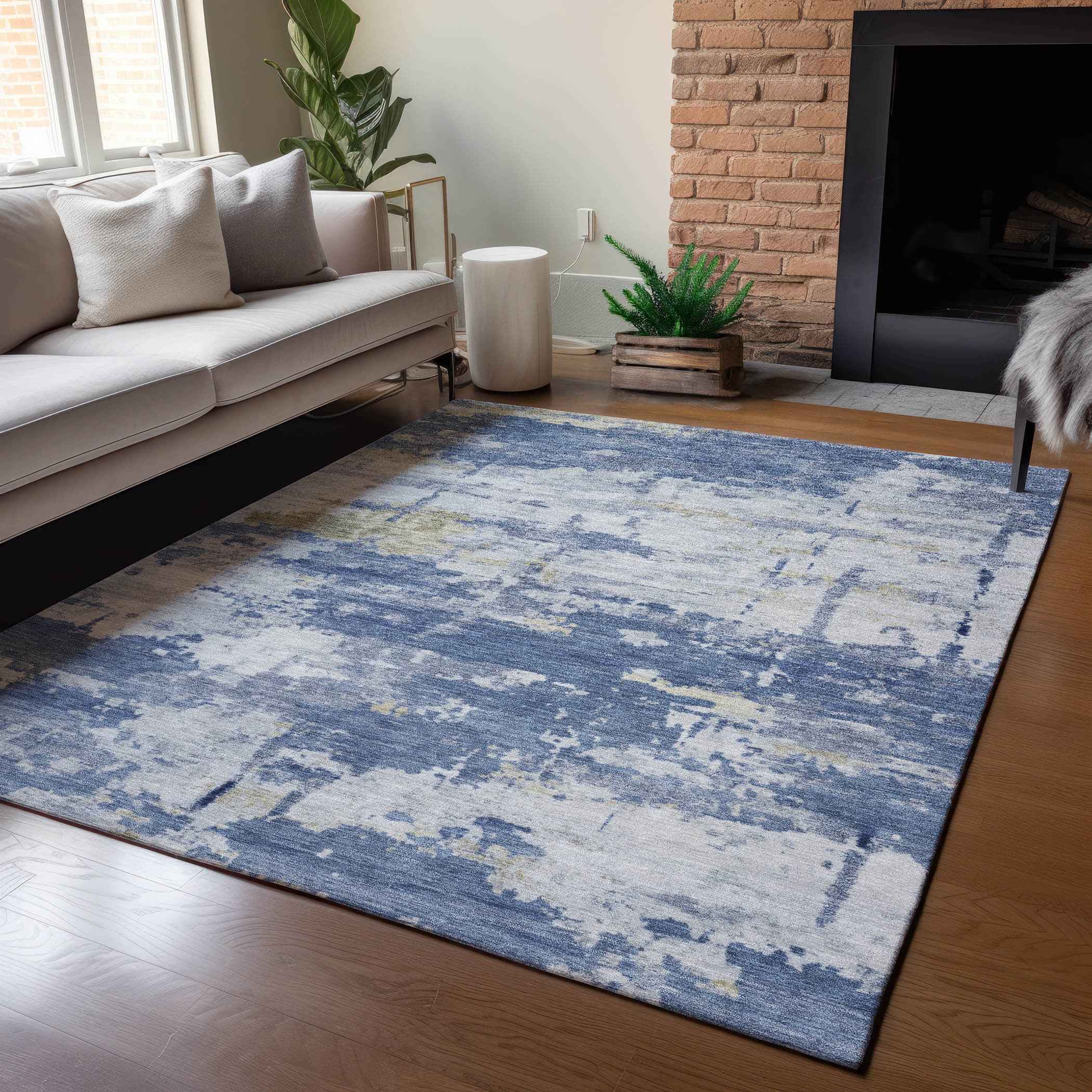 8' X 10' Navy Blue And Ivory Abstract Washable Indoor Outdoor Area Rug
