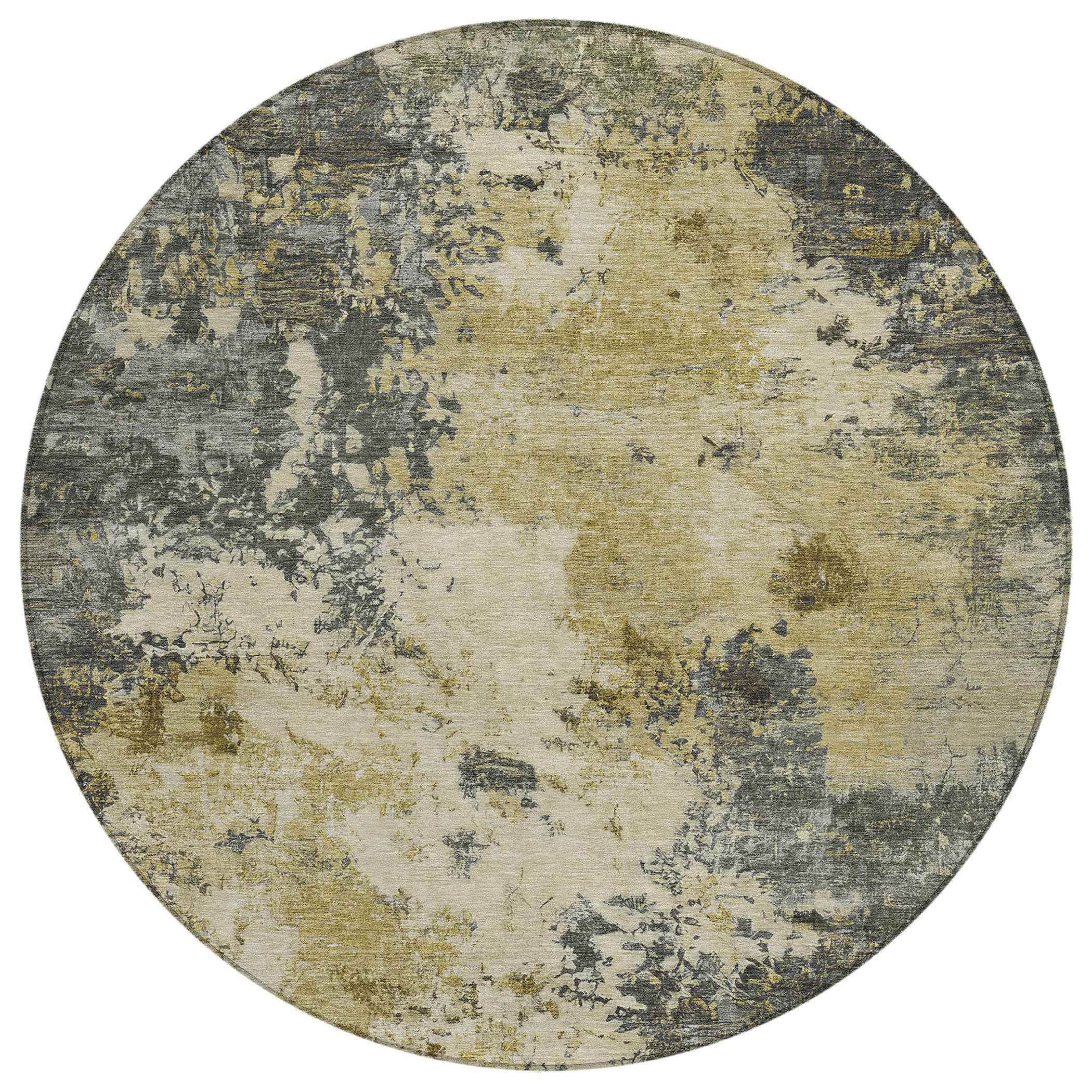 8' Pewter And Gold Round Abstract Washable Indoor Outdoor Area Rug