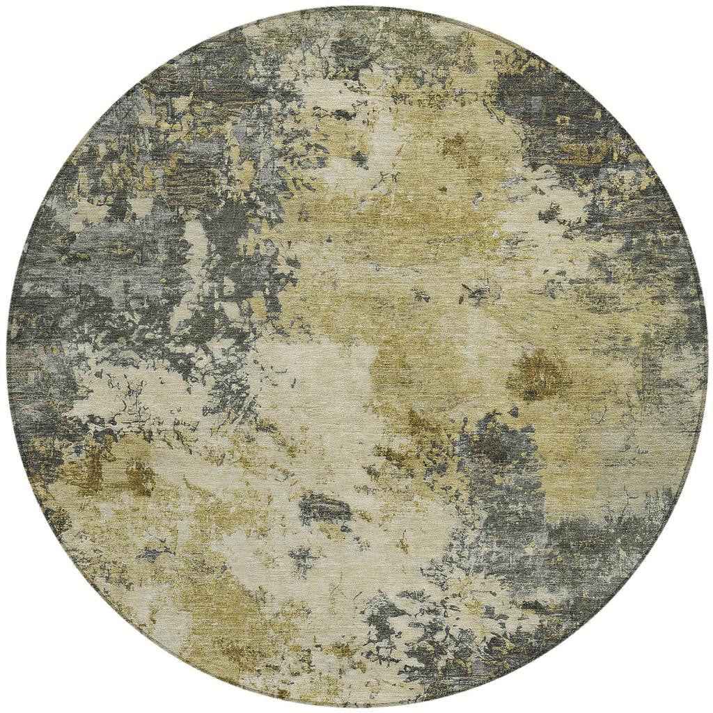 8' Pewter And Gold Round Abstract Washable Indoor Outdoor Area Rug