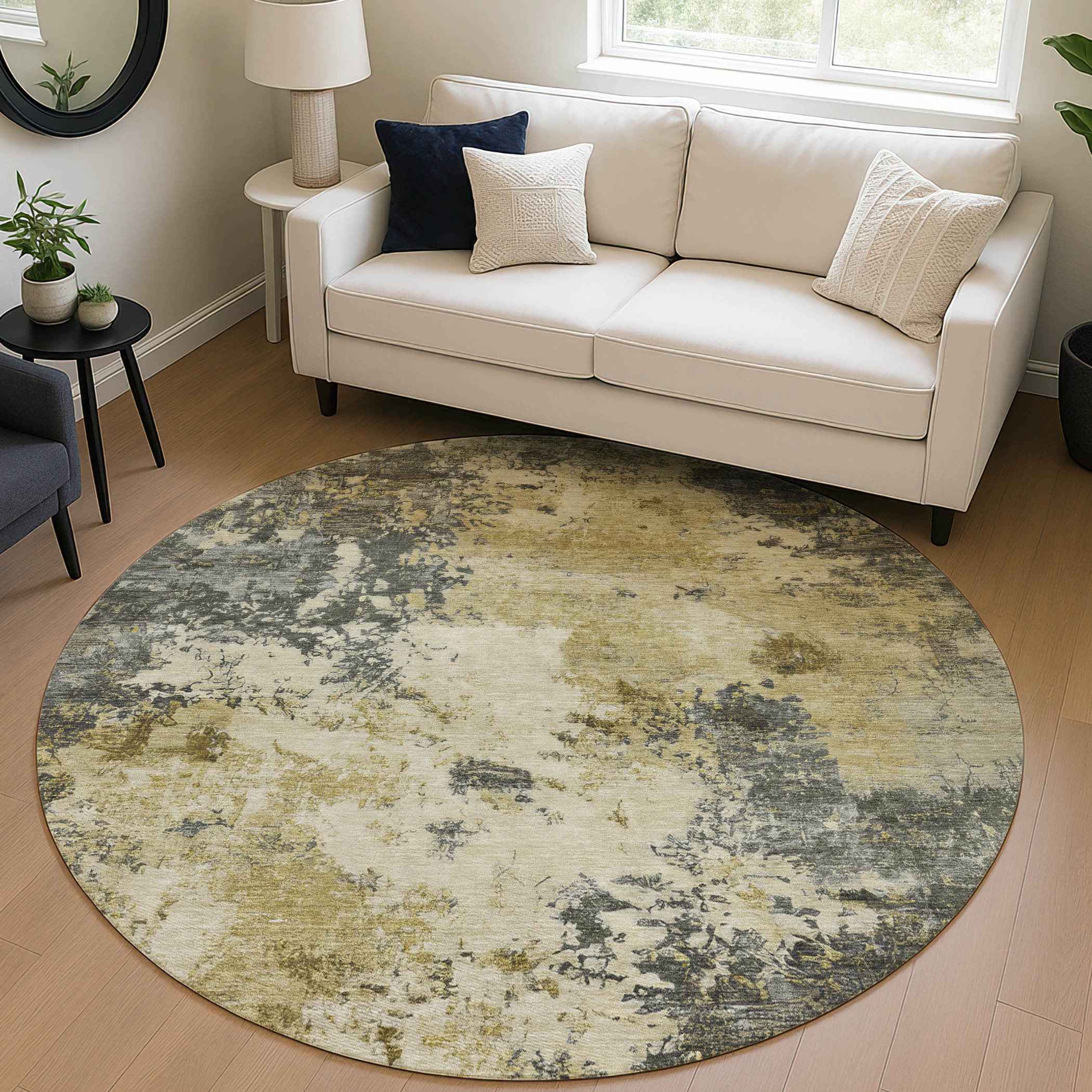 8' Pewter And Gold Round Abstract Washable Indoor Outdoor Area Rug