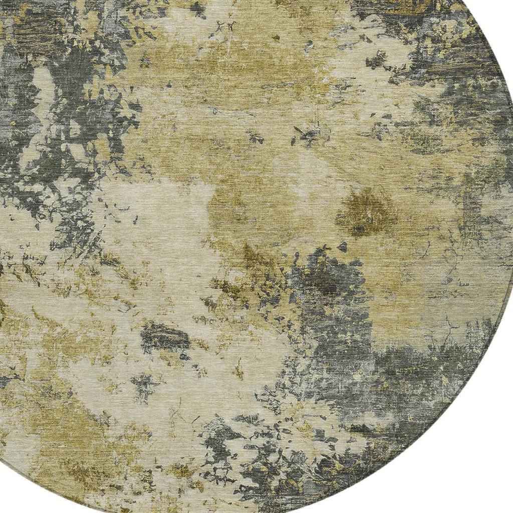 8' Pewter And Gold Round Abstract Washable Indoor Outdoor Area Rug