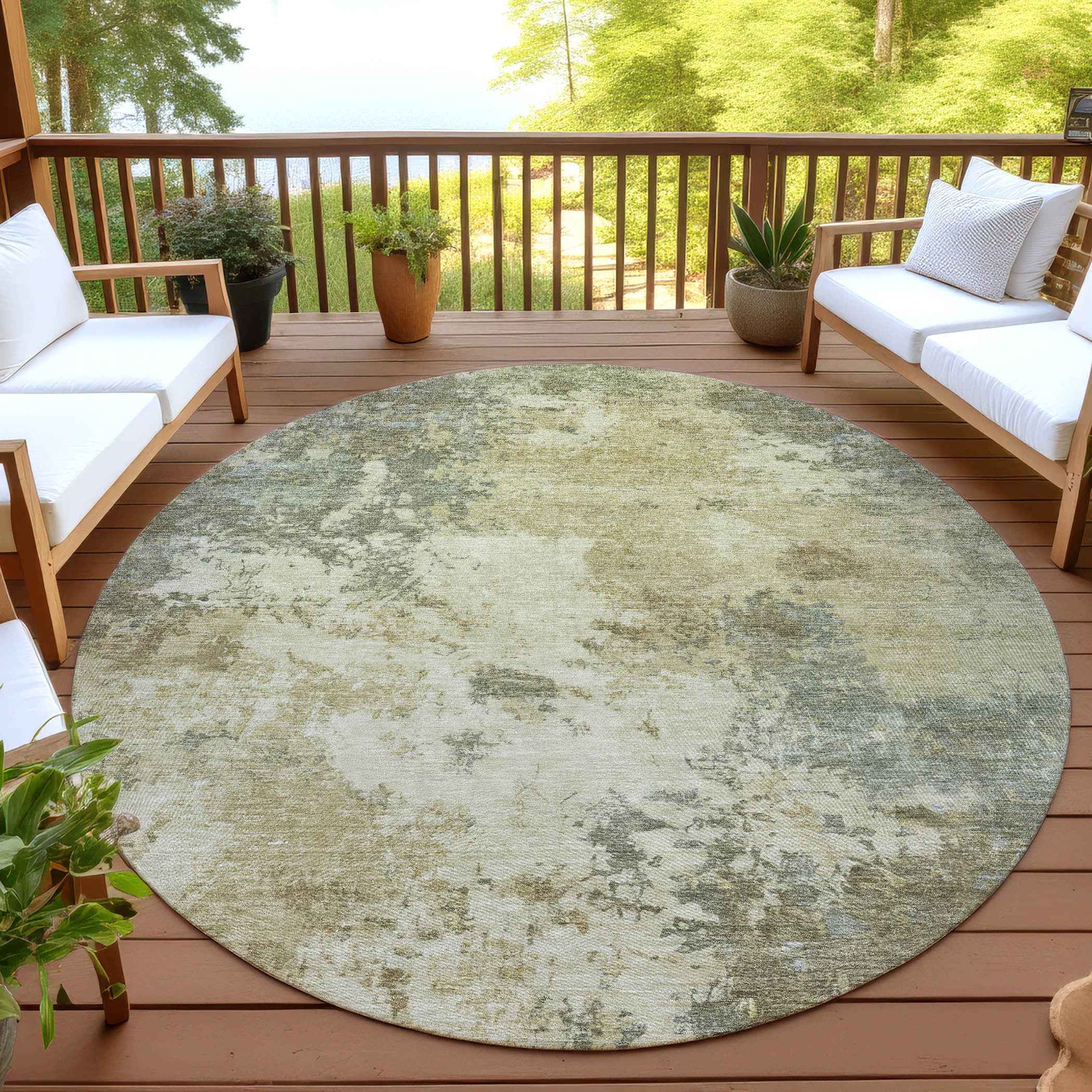 8' Wheat And Beige Round Abstract Washable Indoor Outdoor Area Rug