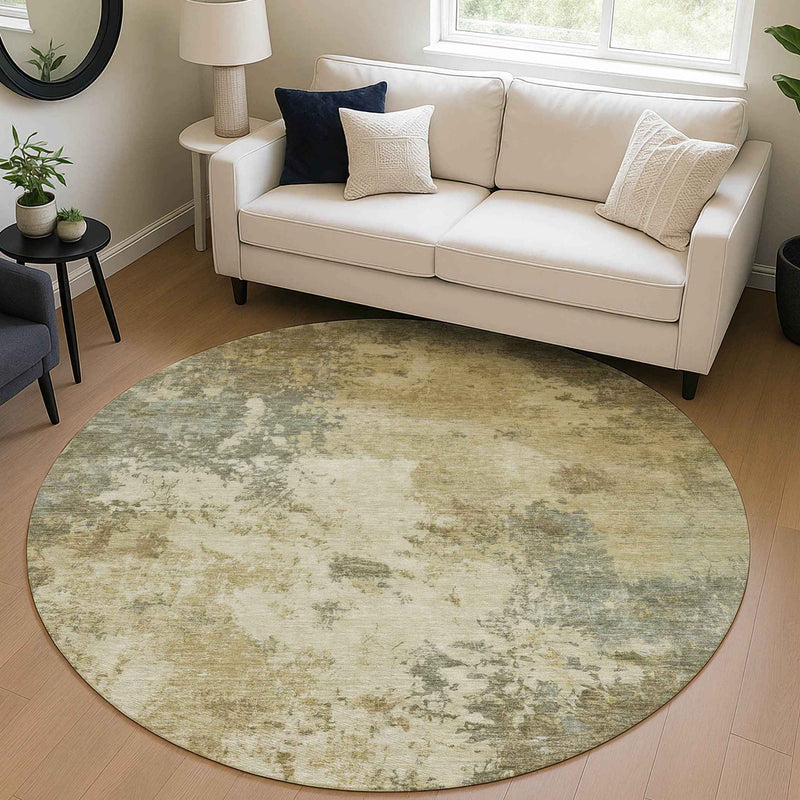 8' Wheat And Beige Round Abstract Washable Indoor Outdoor Area Rug