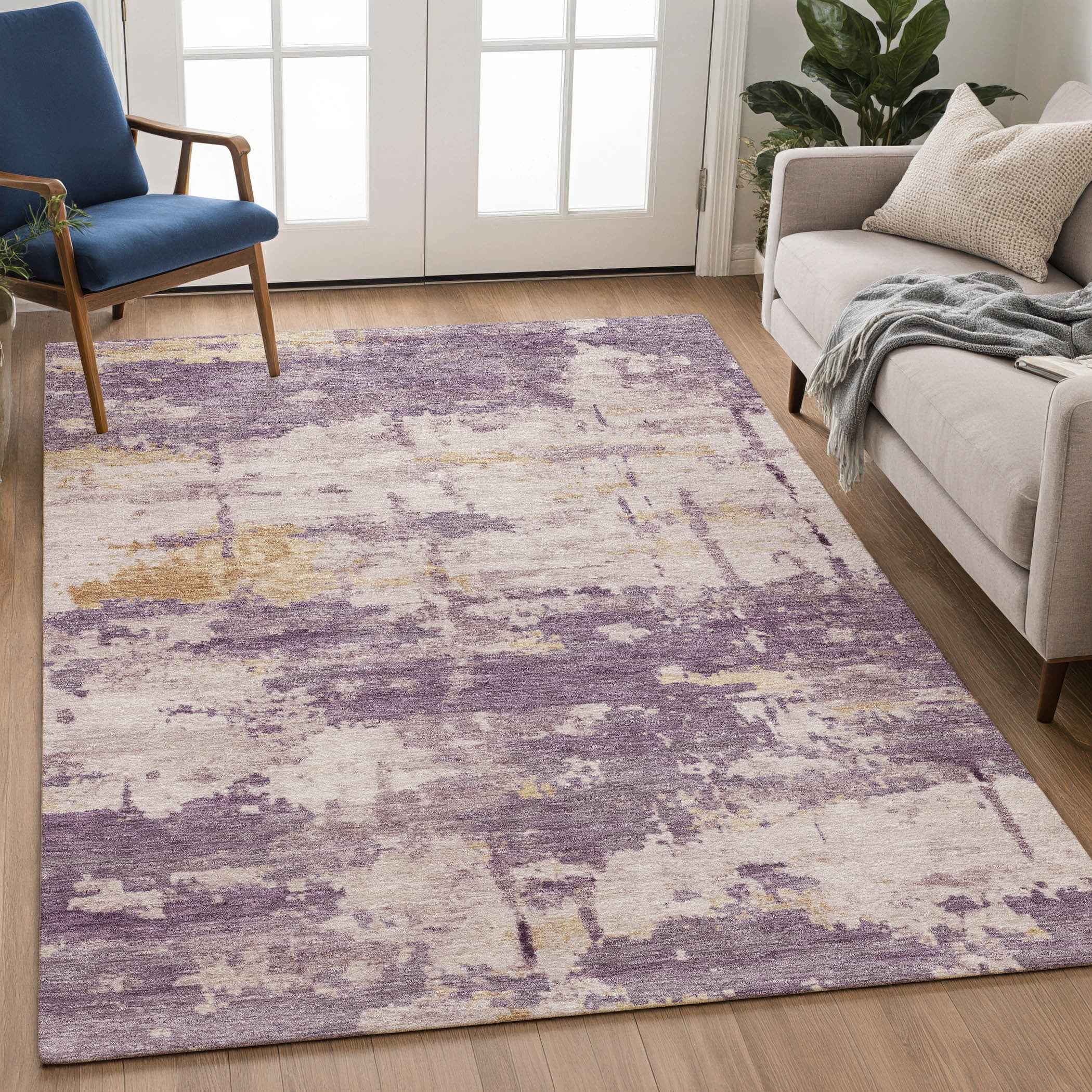 5' X 8' Plum Ivory And Gold Abstract Washable Indoor Outdoor Area Rug