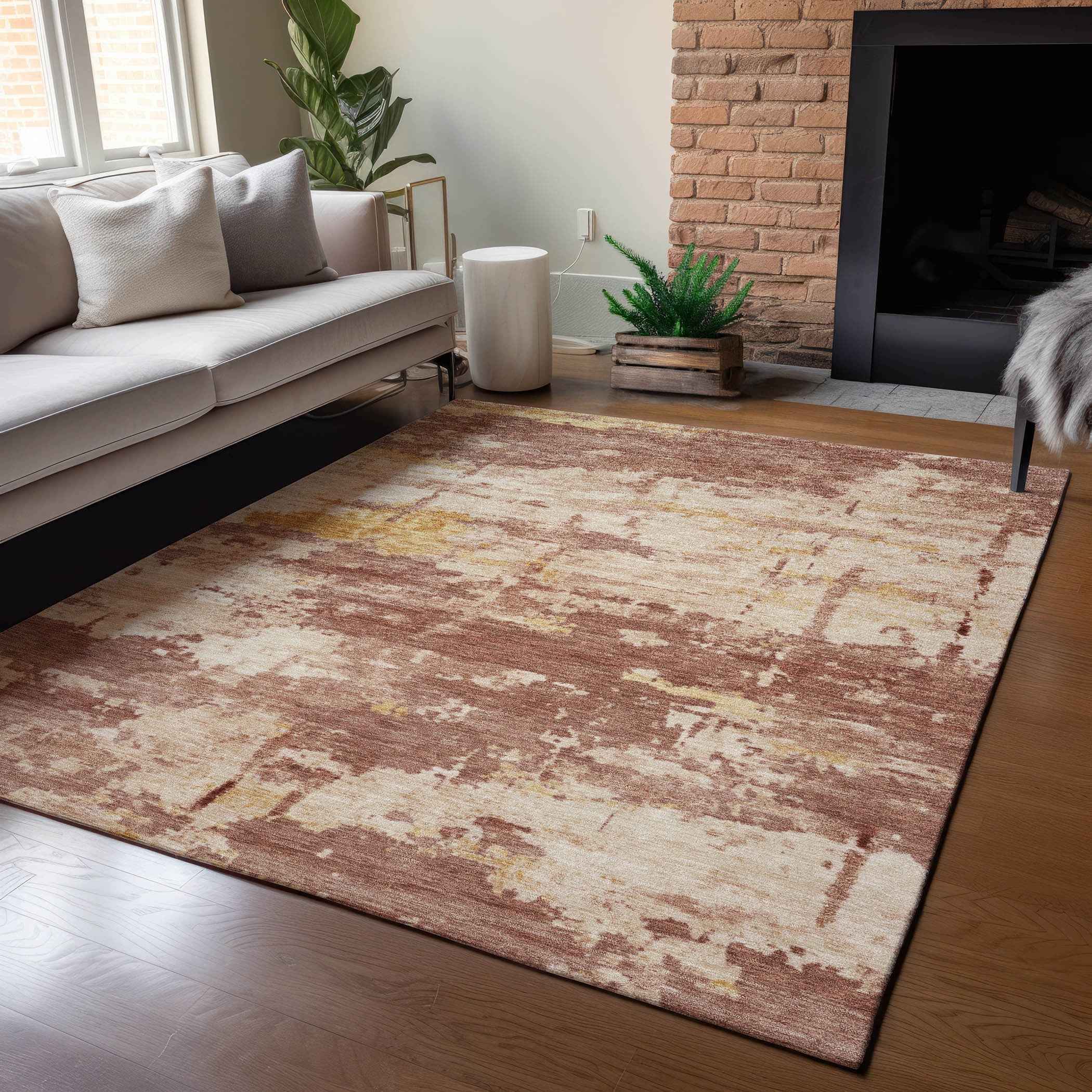 9' X 12' Rust And Beige Abstract Washable Indoor Outdoor Area Rug