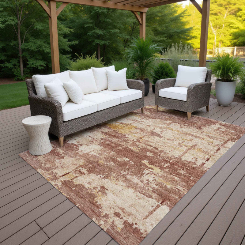 9' X 12' Rust And Beige Abstract Washable Indoor Outdoor Area Rug
