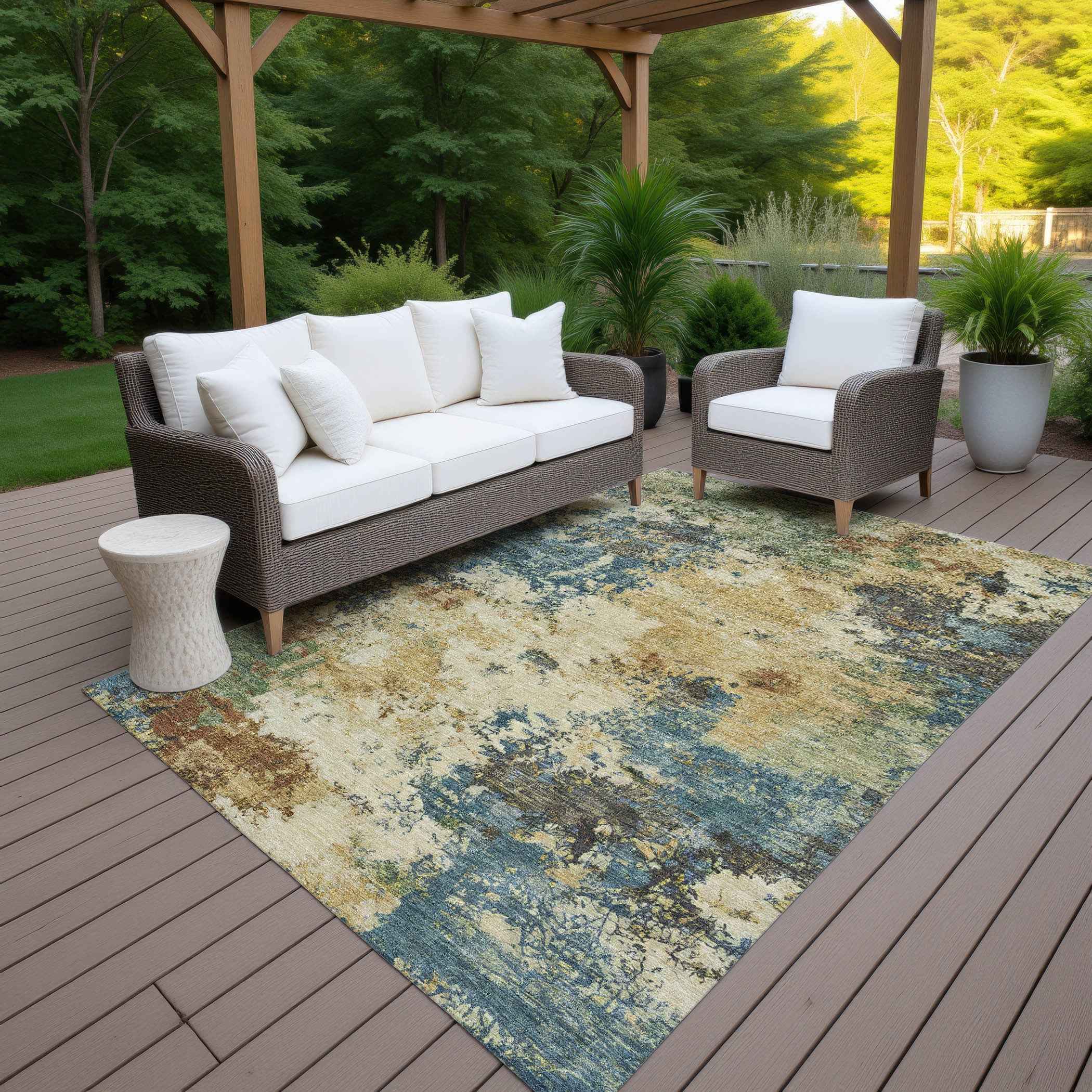 8' X 10' Beige Blue And Gray Abstract Washable Indoor Outdoor Area Rug