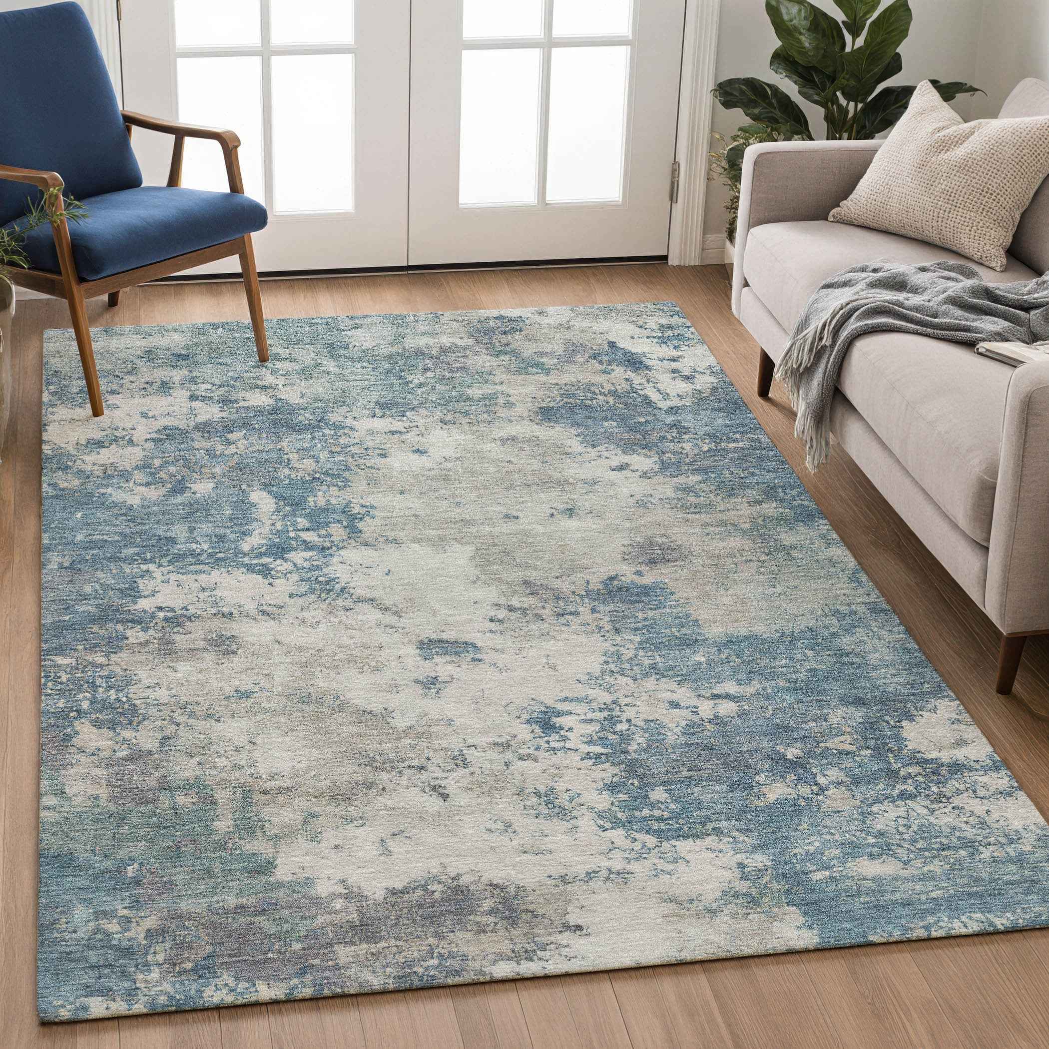 3' X 5' Denim Blue And Gray Abstract Washable Indoor Outdoor Area Rug