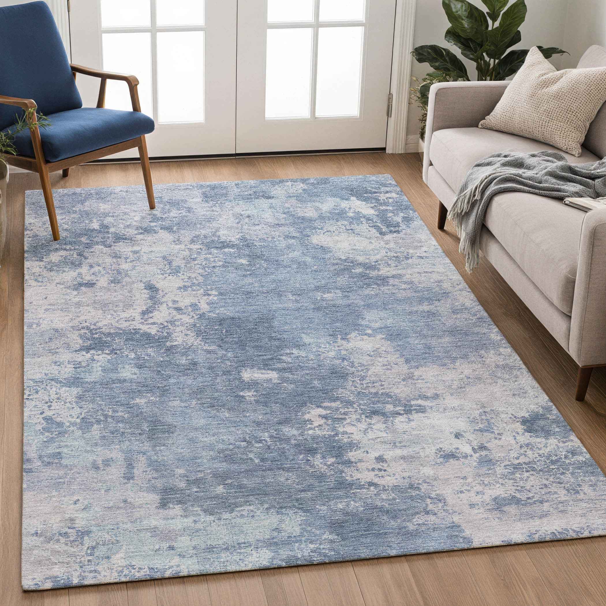 8' X 10' Blue And Ivory Abstract Washable Indoor Outdoor Area Rug