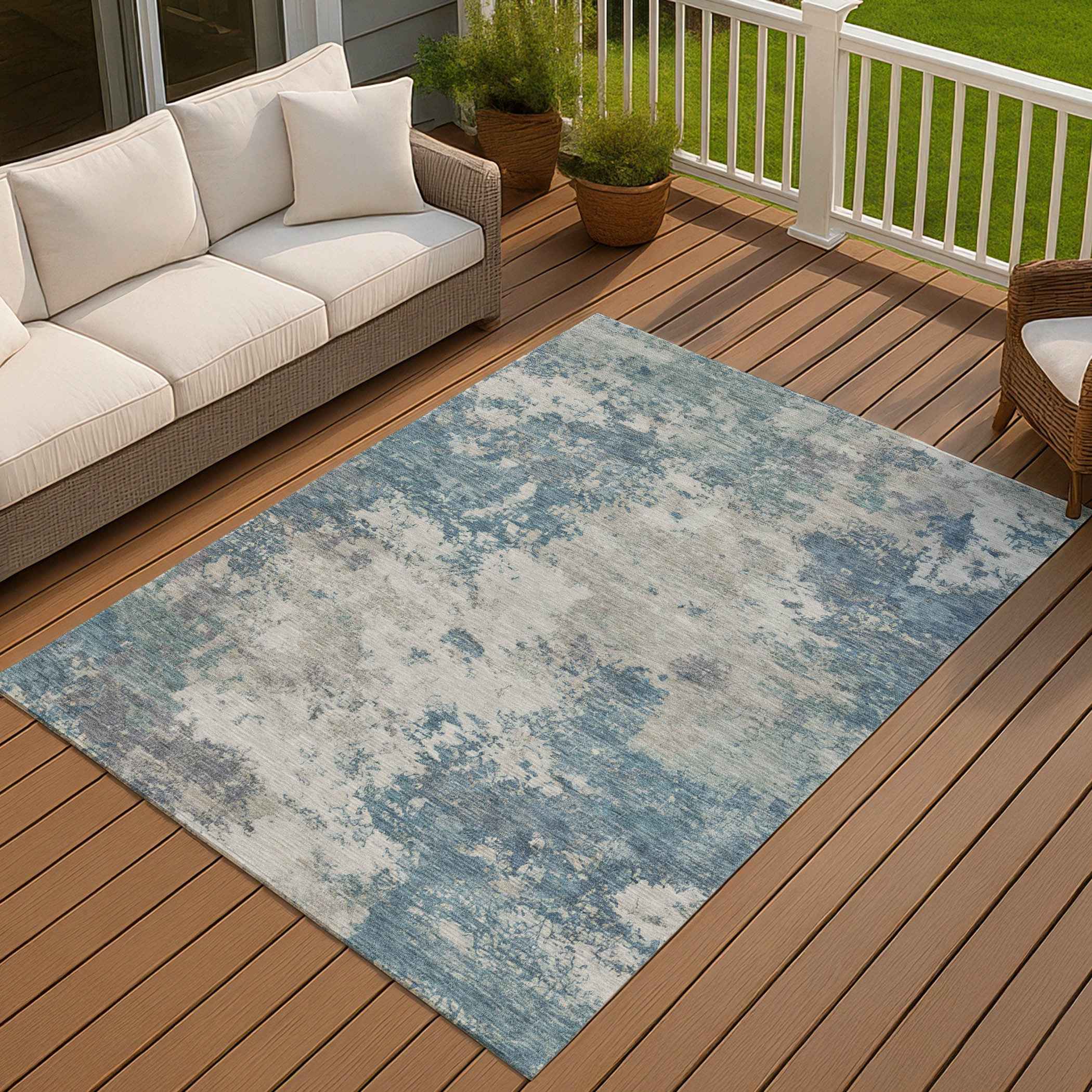 10' X 14' Denim Blue And Gray Abstract Washable Indoor Outdoor Area Rug