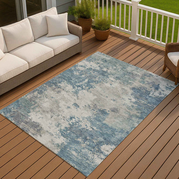 10' X 14' Denim Blue And Gray Abstract Washable Indoor Outdoor Area Rug