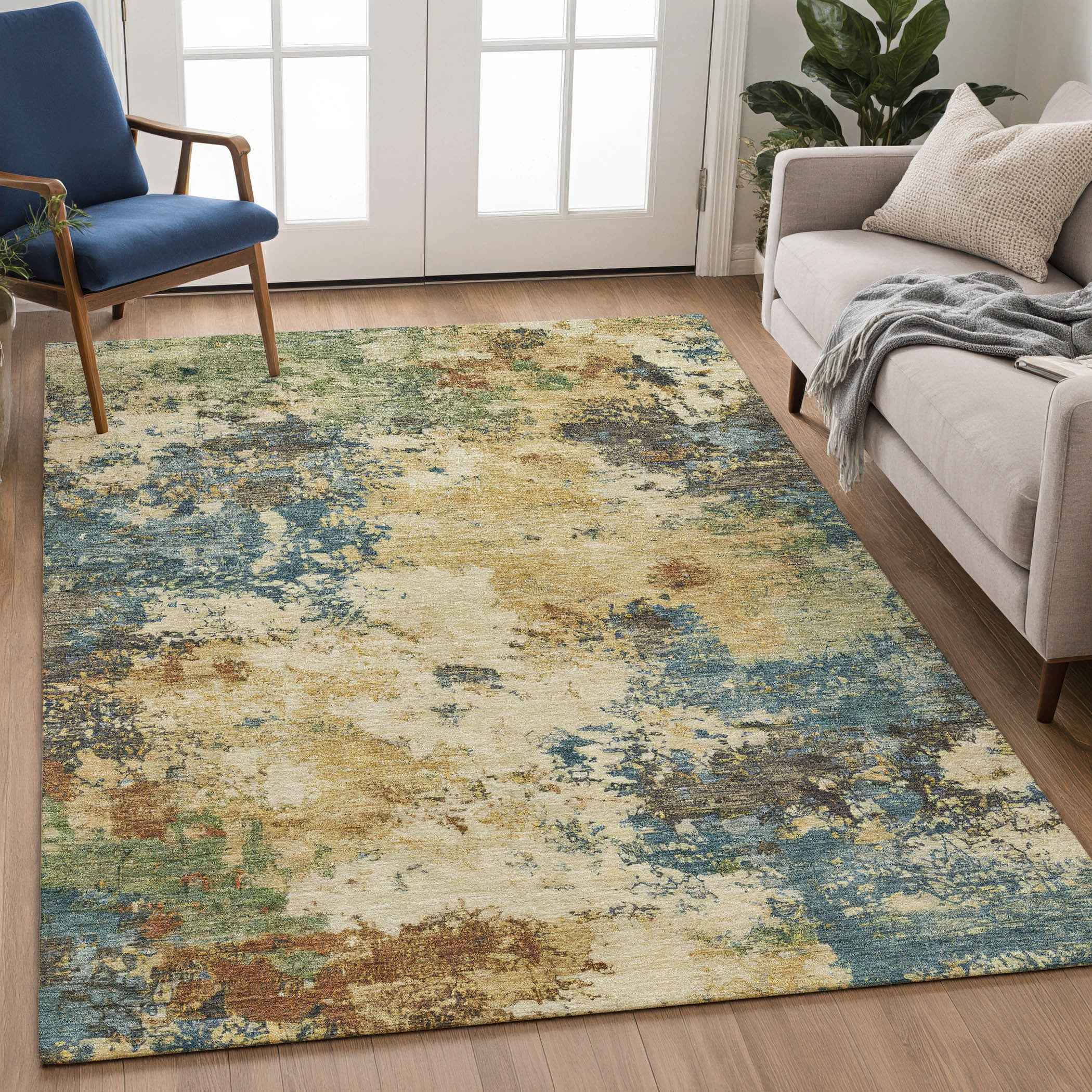 9' X 12' Beige Blue And Gray Abstract Washable Indoor Outdoor Area Rug