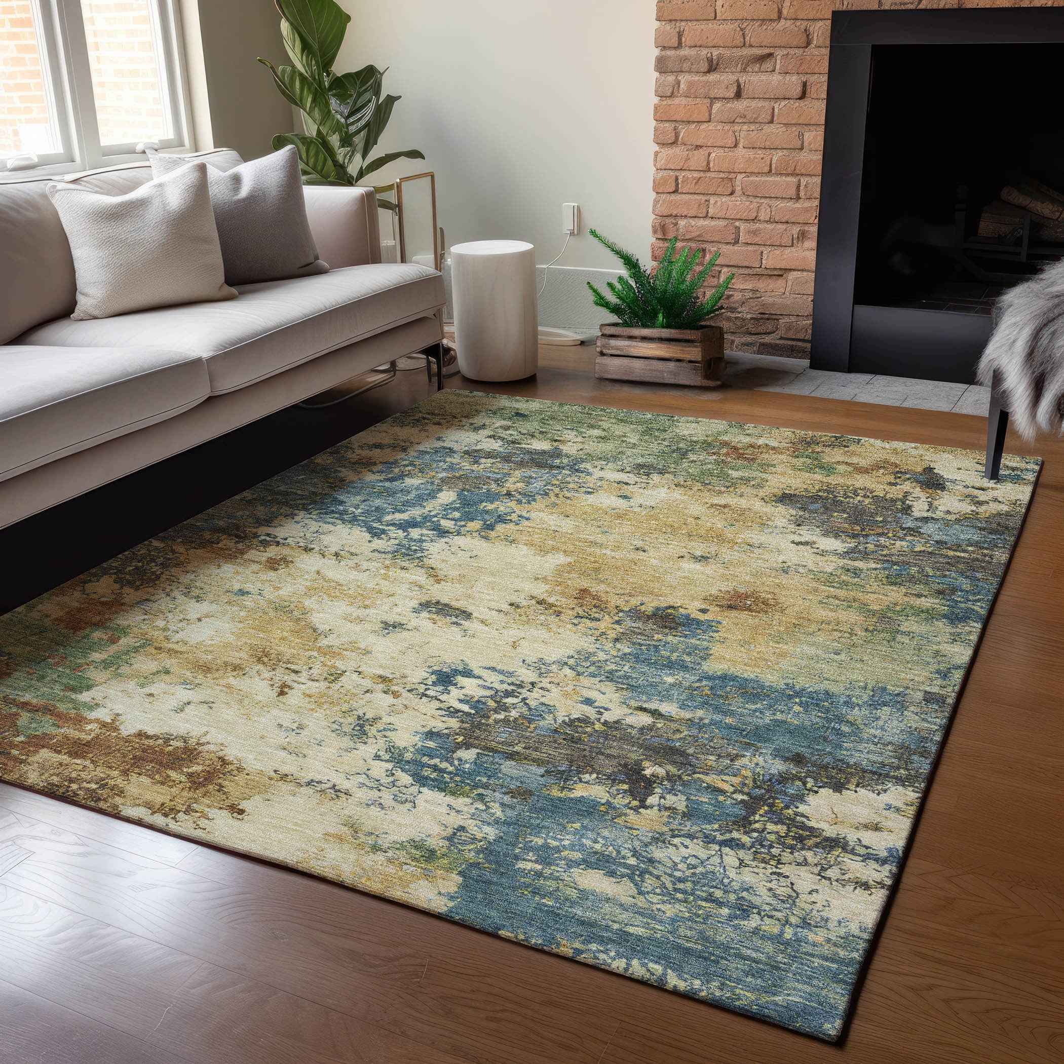 9' X 12' Beige Blue And Gray Abstract Washable Indoor Outdoor Area Rug
